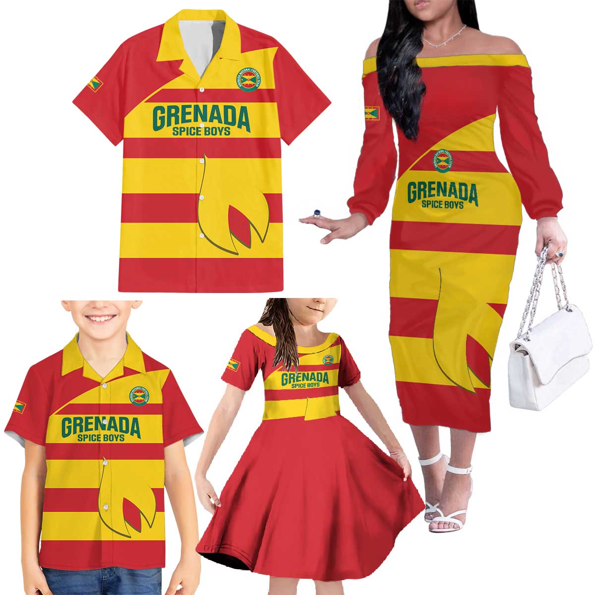 Custom Grenada Football Family Matching Off The Shoulder Long Sleeve Dress and Hawaiian Shirt Go Spice Boys - Wonder Print Shop