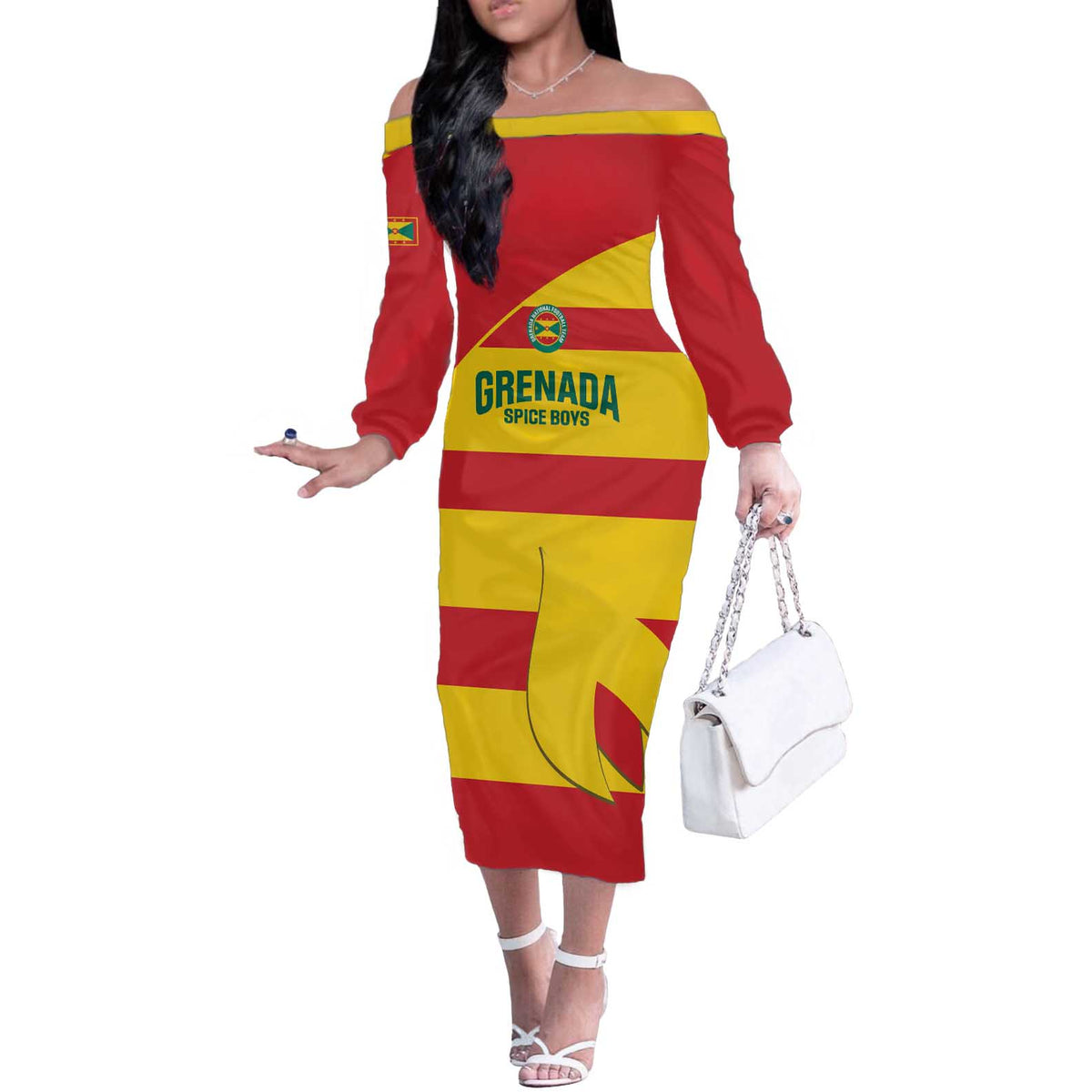 Custom Grenada Football Off The Shoulder Long Sleeve Dress Go Spice Boys - Wonder Print Shop