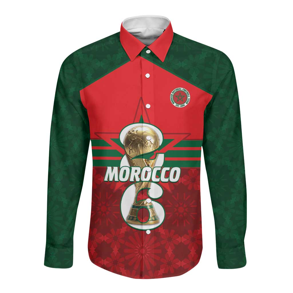 Personalized Morocco Football Long Sleeve Button Shirt 2026 Come On Atlas Lions - Wonder Print Shop