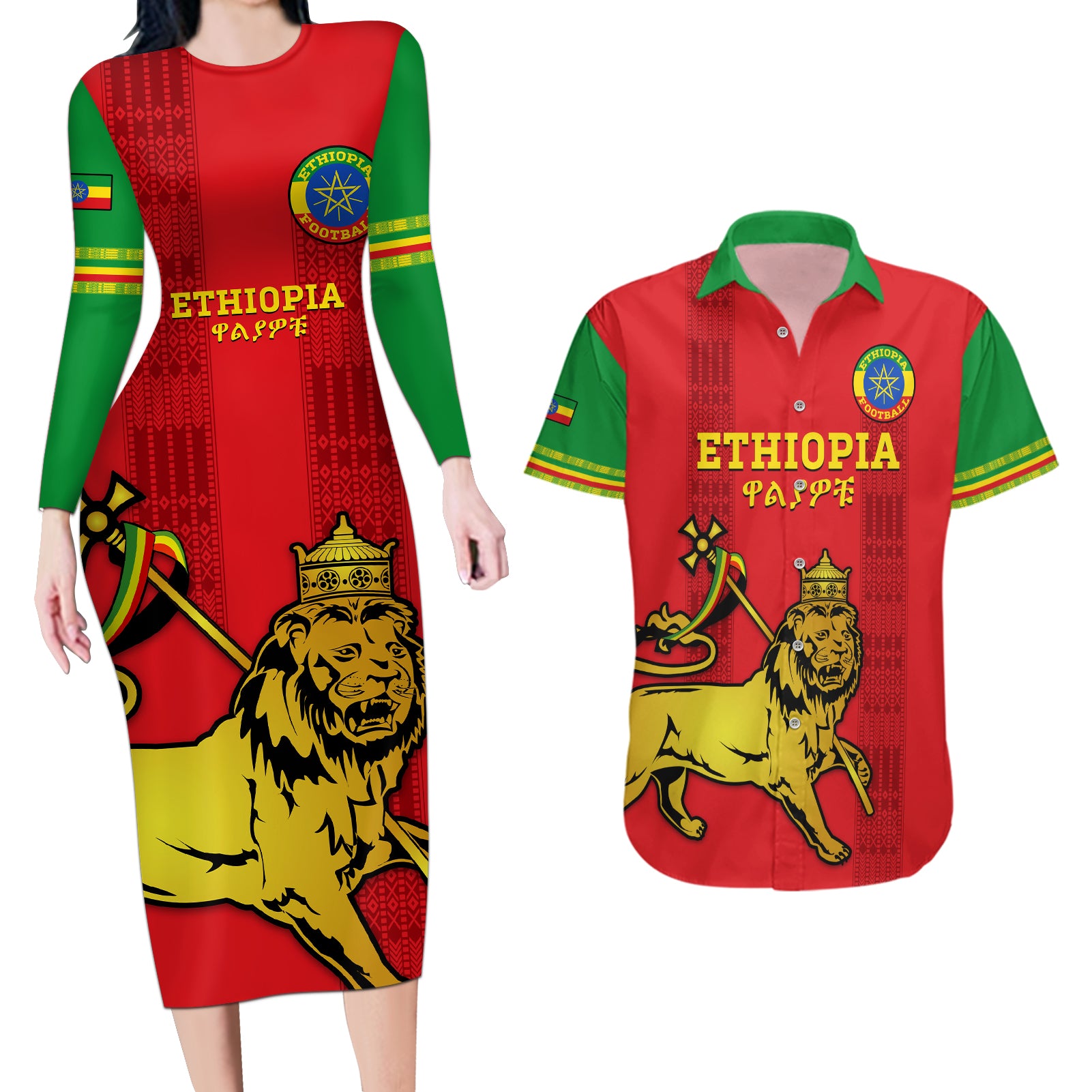 Custom Ethiopia Football Couples Matching Long Sleeve Bodycon Dress and Hawaiian Shirt 2024 Go Champions Walia Ibex