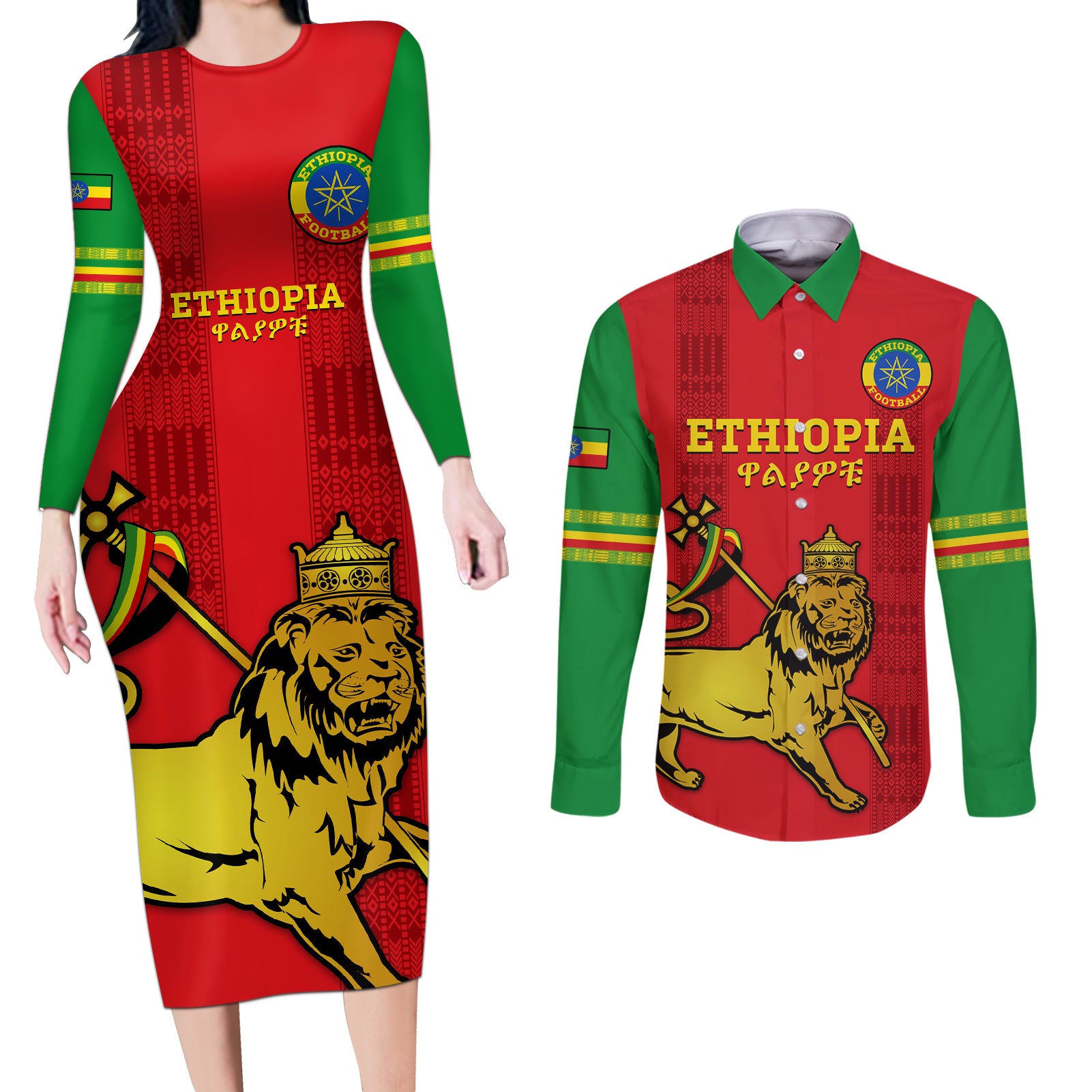 Custom Ethiopia Football Couples Matching Long Sleeve Bodycon Dress and Long Sleeve Button Shirt 2024 Go Champions Walia Ibex - Wonder Print Shop