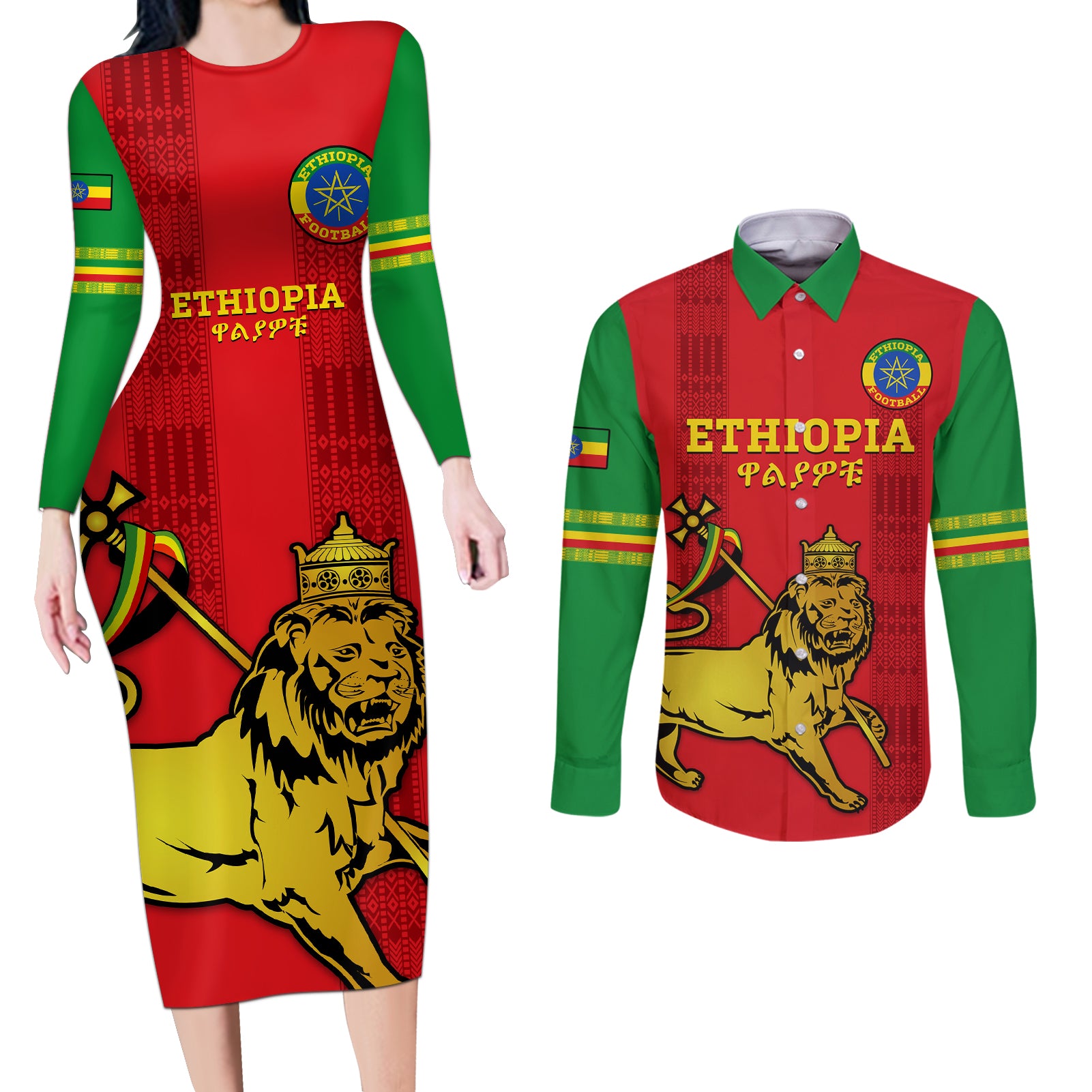Custom Ethiopia Football Couples Matching Long Sleeve Bodycon Dress and Long Sleeve Button Shirt 2024 Go Champions Walia Ibex