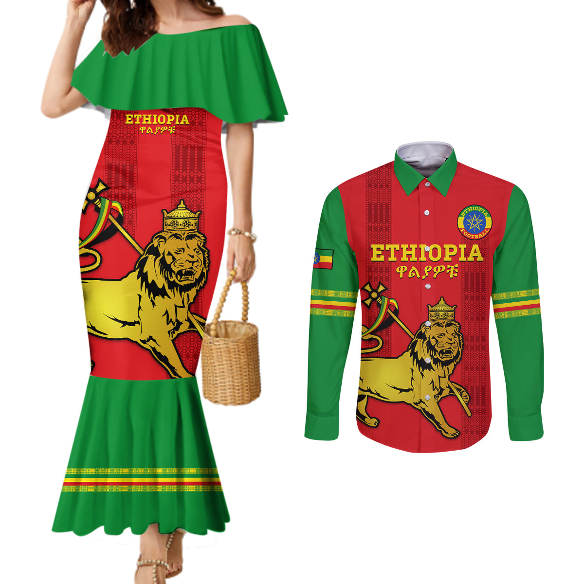 Custom Ethiopia Football Couples Matching Mermaid Dress and Long Sleeve Button Shirt 2024 Go Champions Walia Ibex