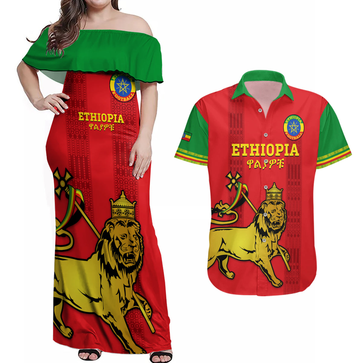Custom Ethiopia Football Couples Matching Off Shoulder Maxi Dress and Hawaiian Shirt 2024 Go Champions Walia Ibex - Wonder Print Shop