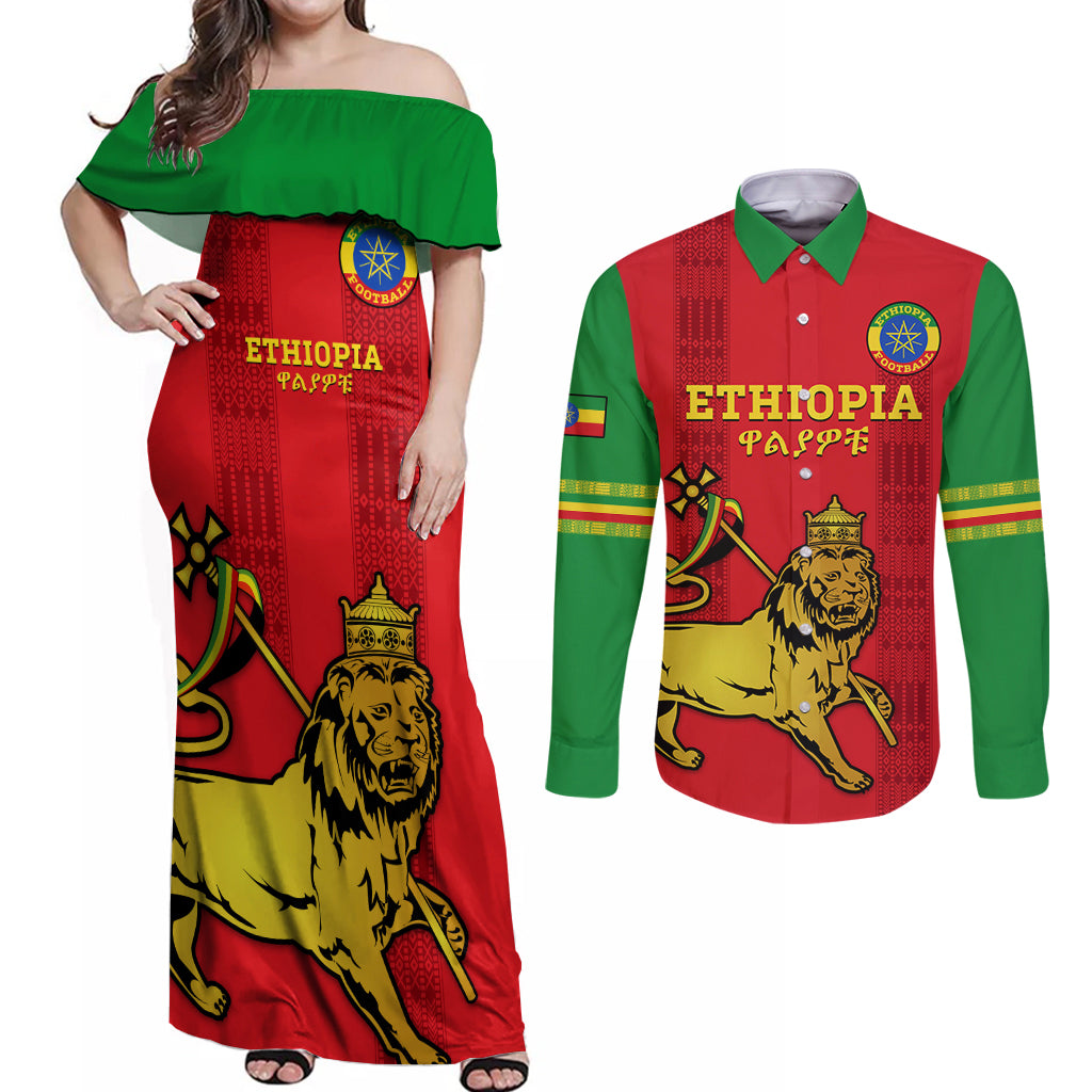 Custom Ethiopia Football Couples Matching Off Shoulder Maxi Dress and Long Sleeve Button Shirt 2024 Go Champions Walia Ibex - Wonder Print Shop