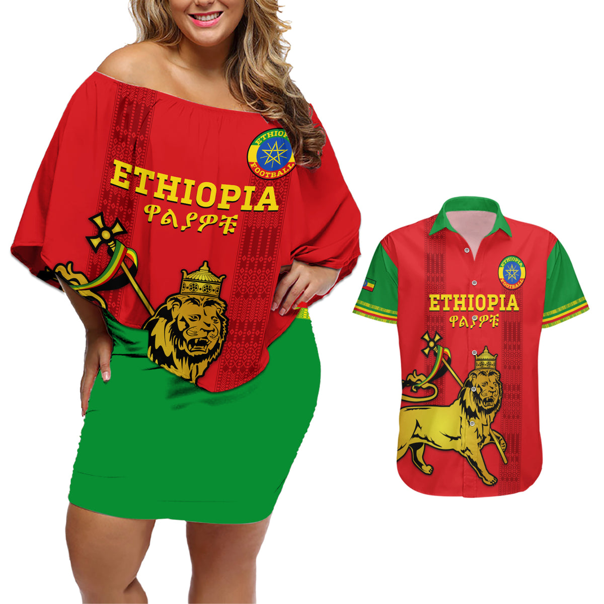 Custom Ethiopia Football Couples Matching Off Shoulder Short Dress and Hawaiian Shirt 2024 Go Champions Walia Ibex - Wonder Print Shop
