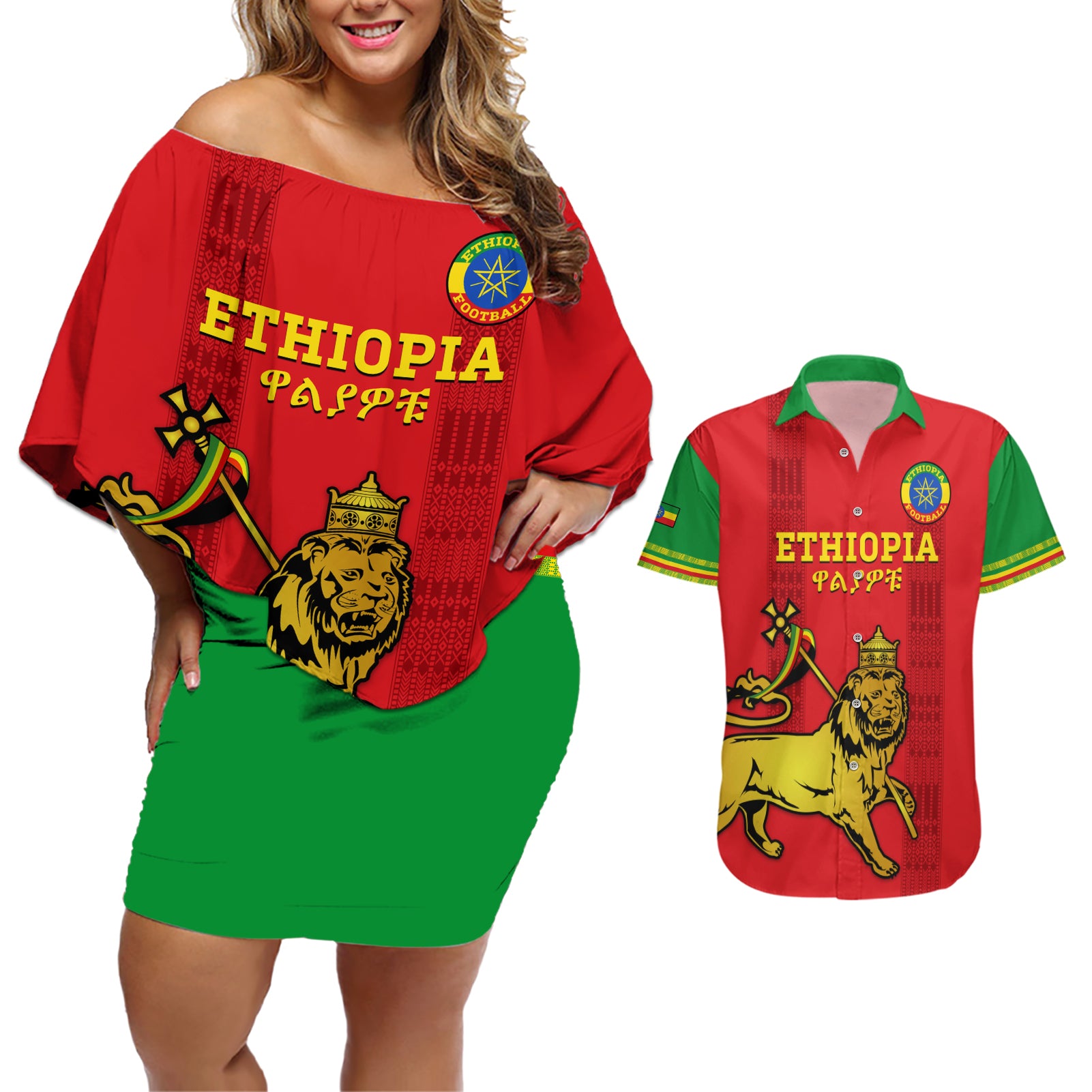 Custom Ethiopia Football Couples Matching Off Shoulder Short Dress and Hawaiian Shirt 2024 Go Champions Walia Ibex