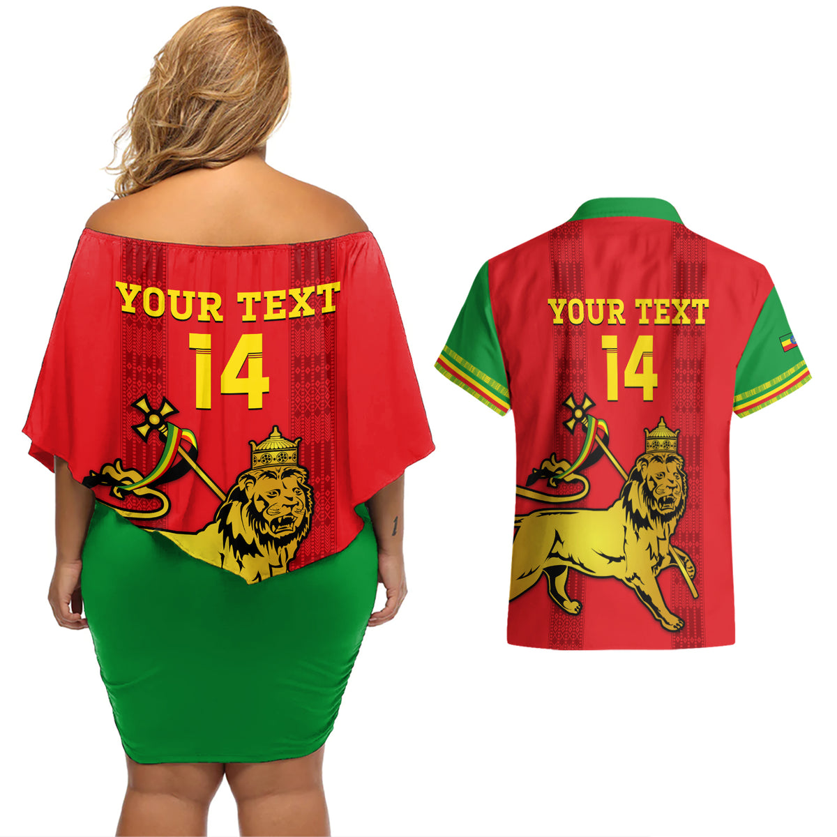 Custom Ethiopia Football Couples Matching Off Shoulder Short Dress and Hawaiian Shirt 2024 Go Champions Walia Ibex - Wonder Print Shop