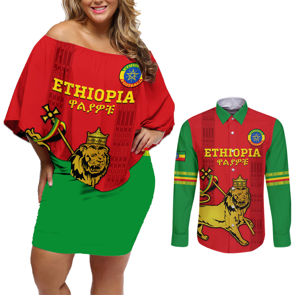 Custom Ethiopia Football Couples Matching Off Shoulder Short Dress and Long Sleeve Button Shirt 2024 Go Champions Walia Ibex