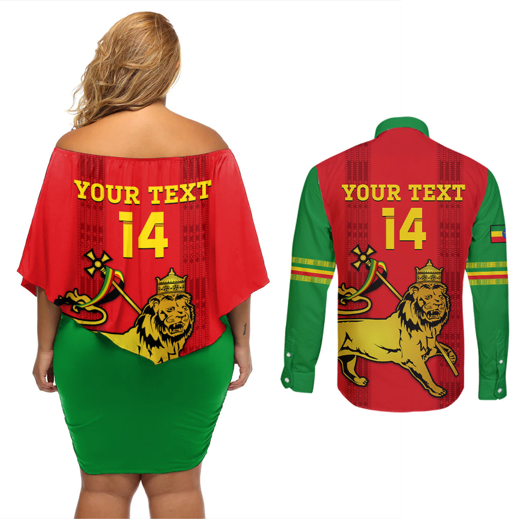 Custom Ethiopia Football Couples Matching Off Shoulder Short Dress and Long Sleeve Button Shirt 2024 Go Champions Walia Ibex - Wonder Print Shop