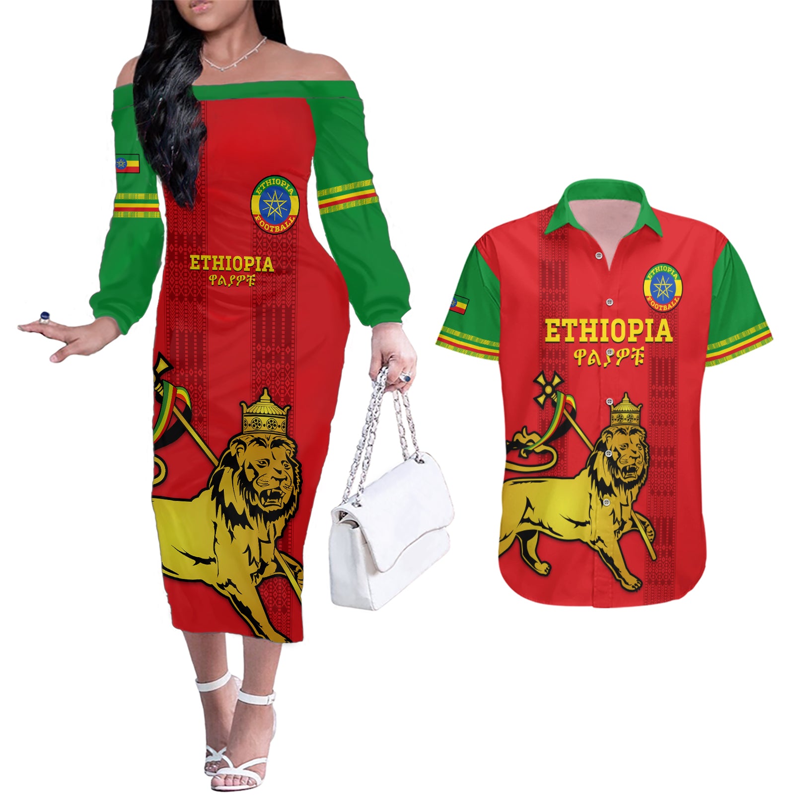 Custom Ethiopia Football Couples Matching Off The Shoulder Long Sleeve Dress and Hawaiian Shirt 2024 Go Champions Walia Ibex