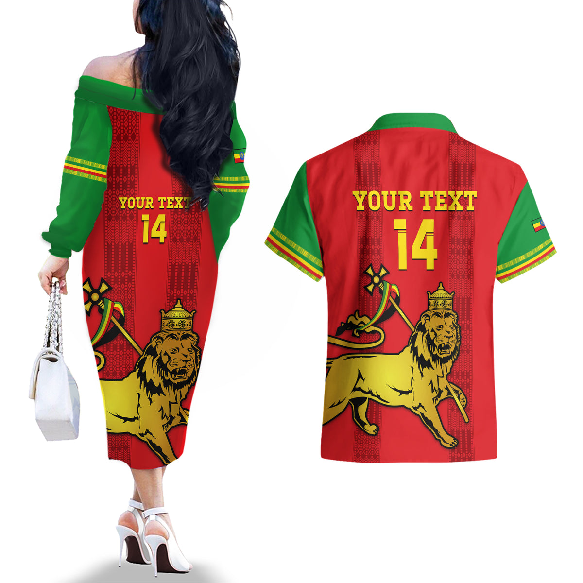 Custom Ethiopia Football Couples Matching Off The Shoulder Long Sleeve Dress and Hawaiian Shirt 2024 Go Champions Walia Ibex - Wonder Print Shop