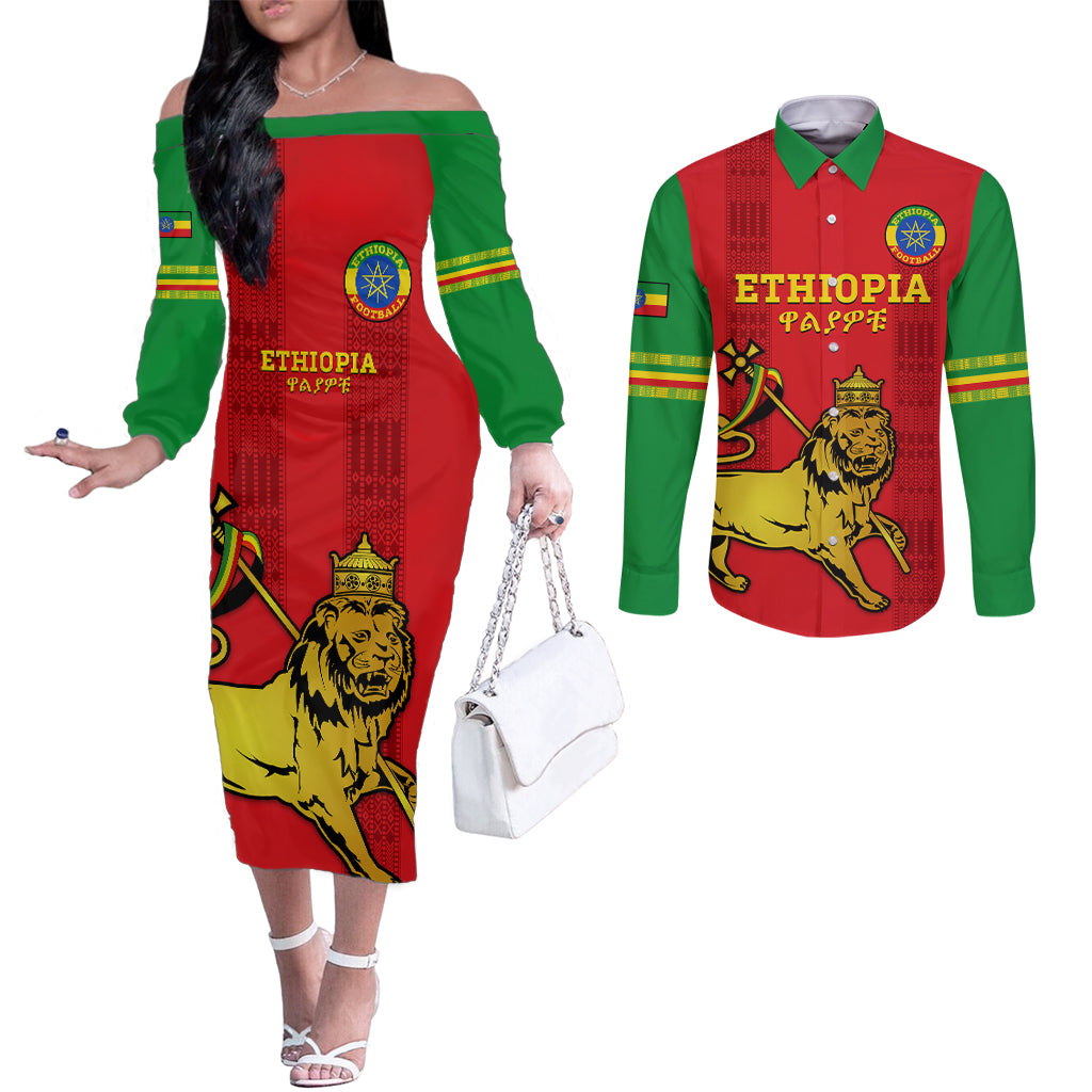 Custom Ethiopia Football Couples Matching Off The Shoulder Long Sleeve Dress and Long Sleeve Button Shirt 2024 Go Champions Walia Ibex