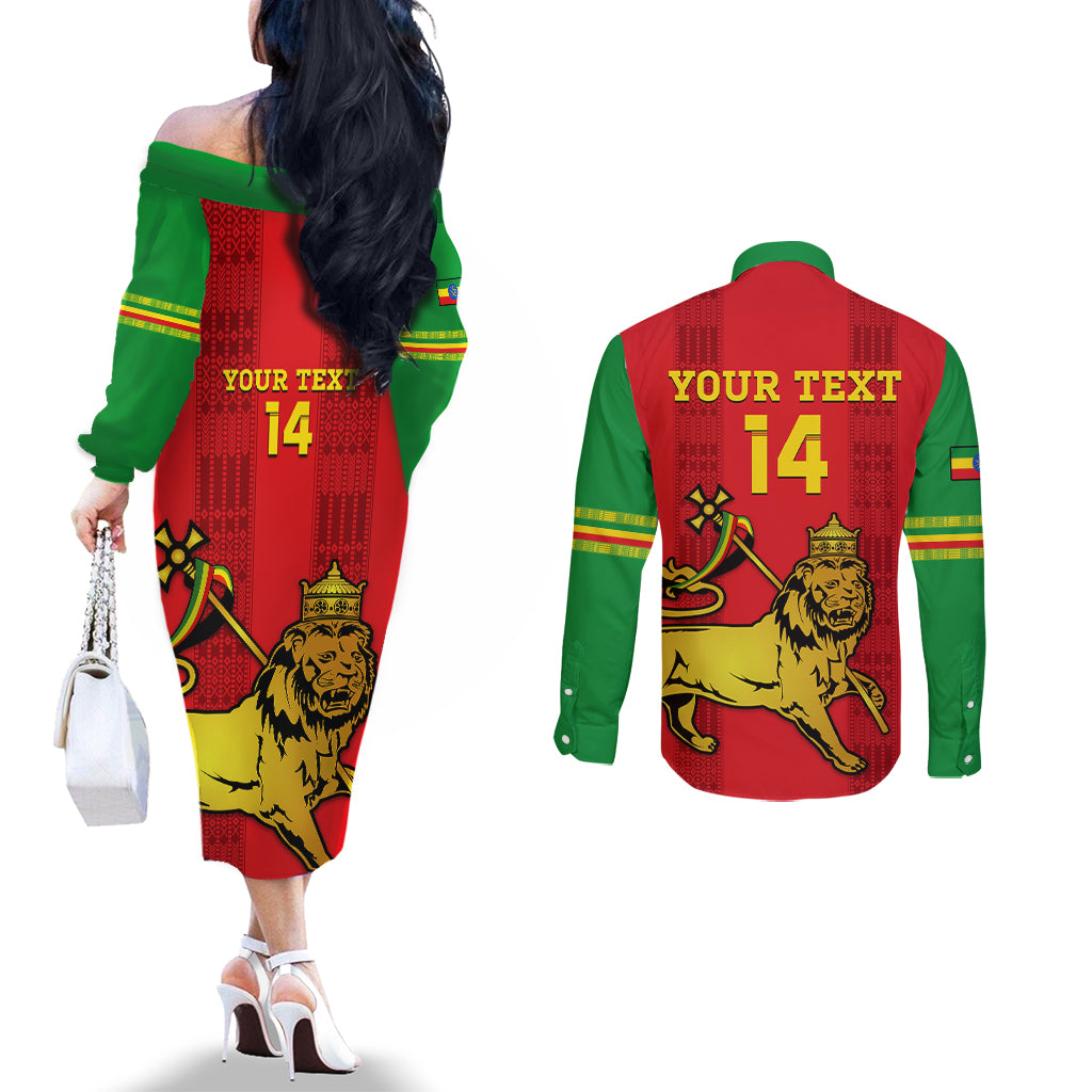 Custom Ethiopia Football Couples Matching Off The Shoulder Long Sleeve Dress and Long Sleeve Button Shirt 2024 Go Champions Walia Ibex