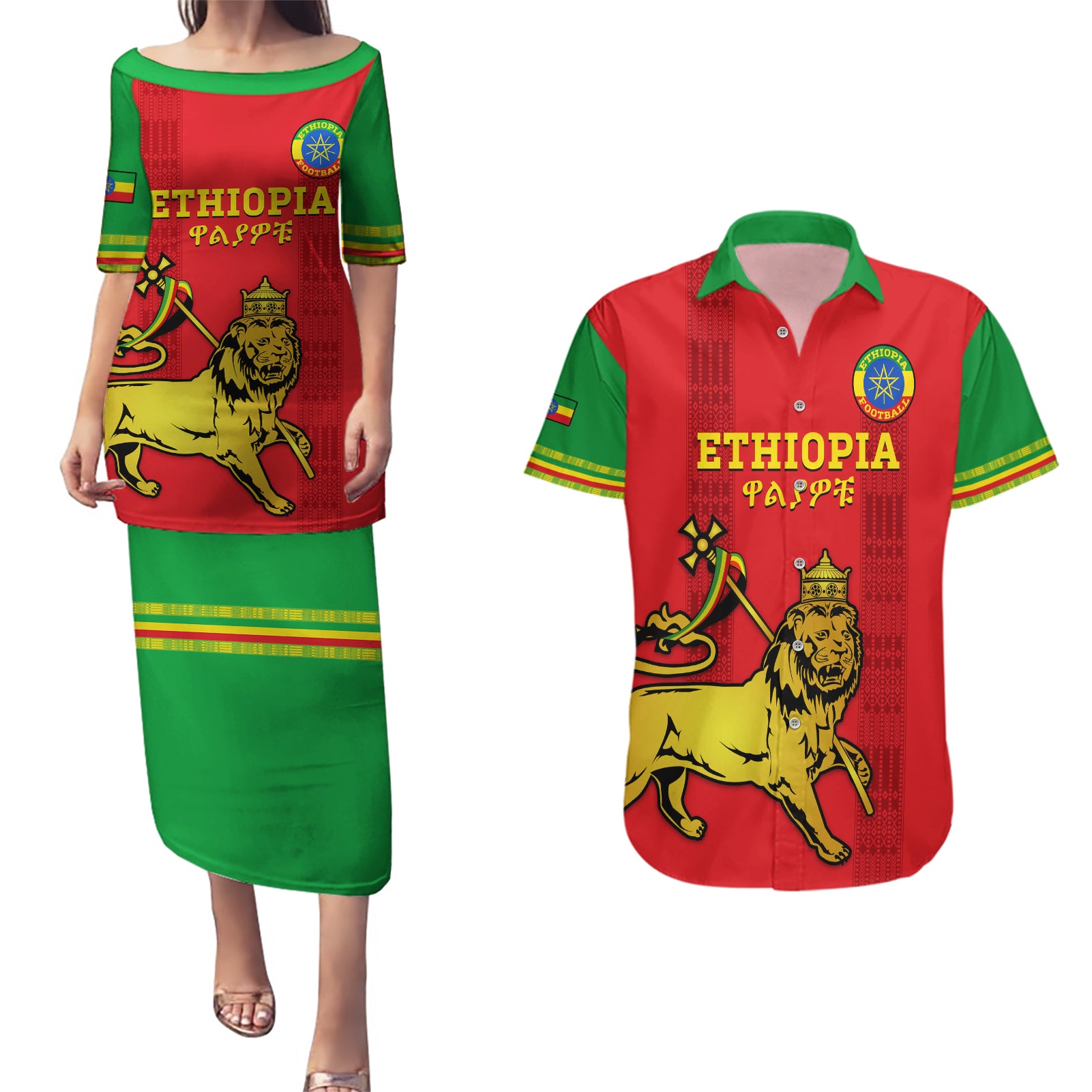 Custom Ethiopia Football Couples Matching Puletasi and Hawaiian Shirt 2024 Go Champions Walia Ibex