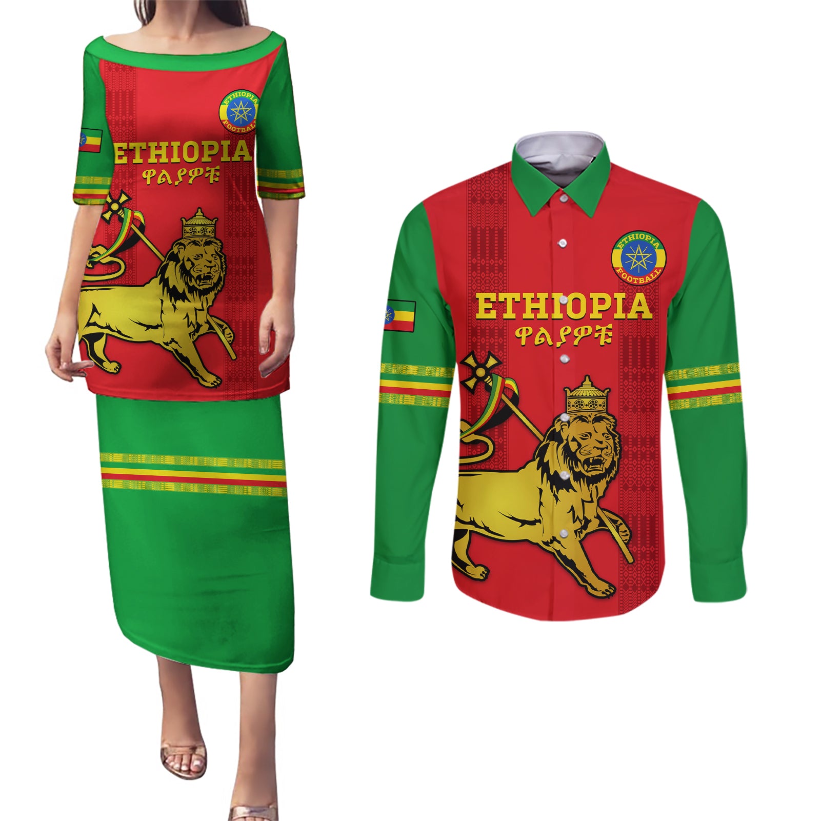 Custom Ethiopia Football Couples Matching Puletasi and Long Sleeve Button Shirt 2024 Go Champions Walia Ibex