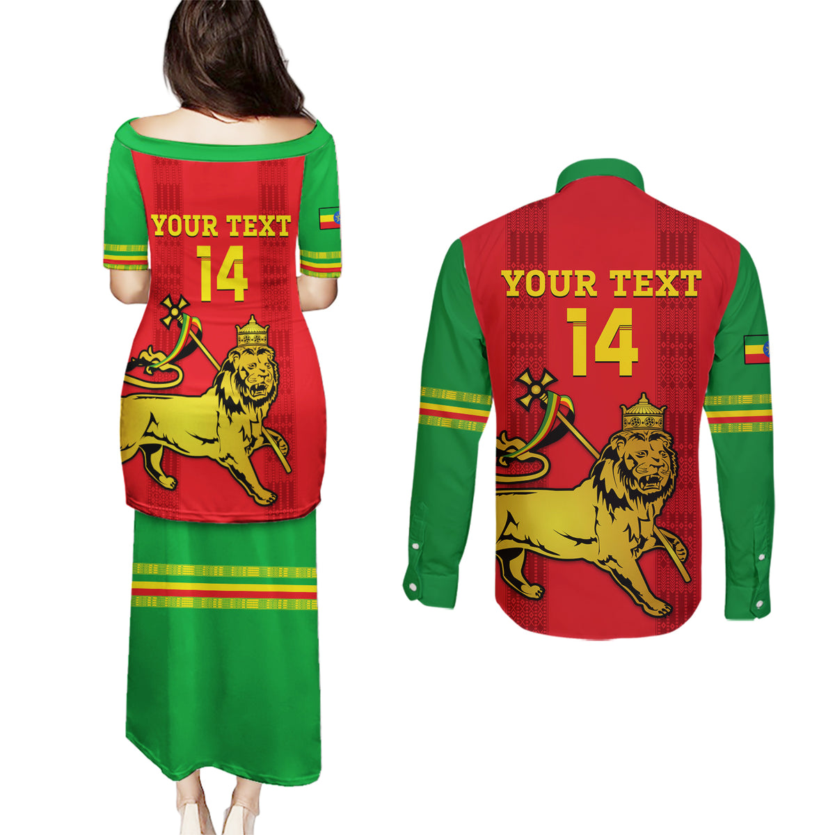 Custom Ethiopia Football Couples Matching Puletasi and Long Sleeve Button Shirt 2024 Go Champions Walia Ibex - Wonder Print Shop