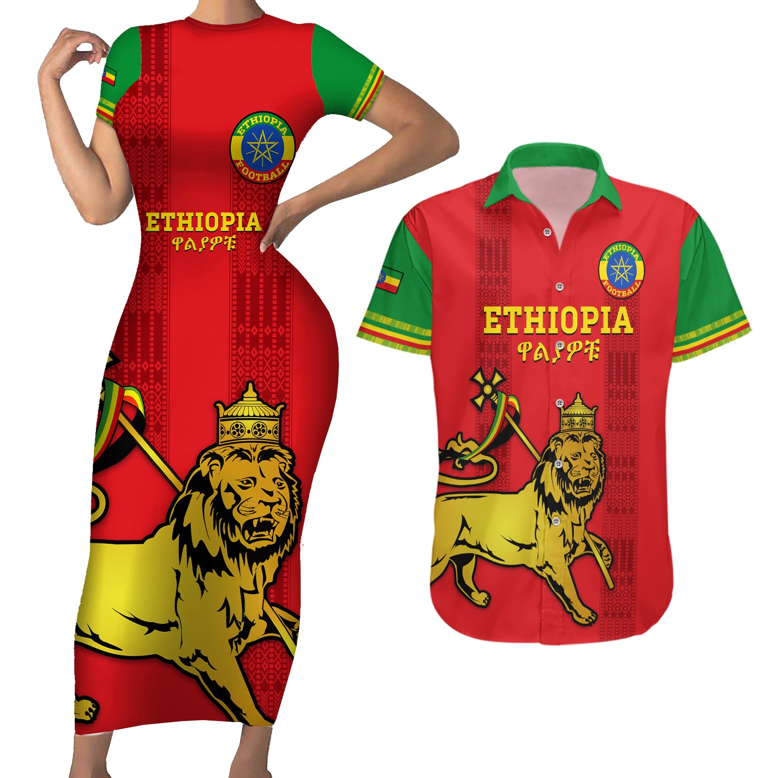 Custom Ethiopia Football Couples Matching Short Sleeve Bodycon Dress and Hawaiian Shirt 2024 Go Champions Walia Ibex