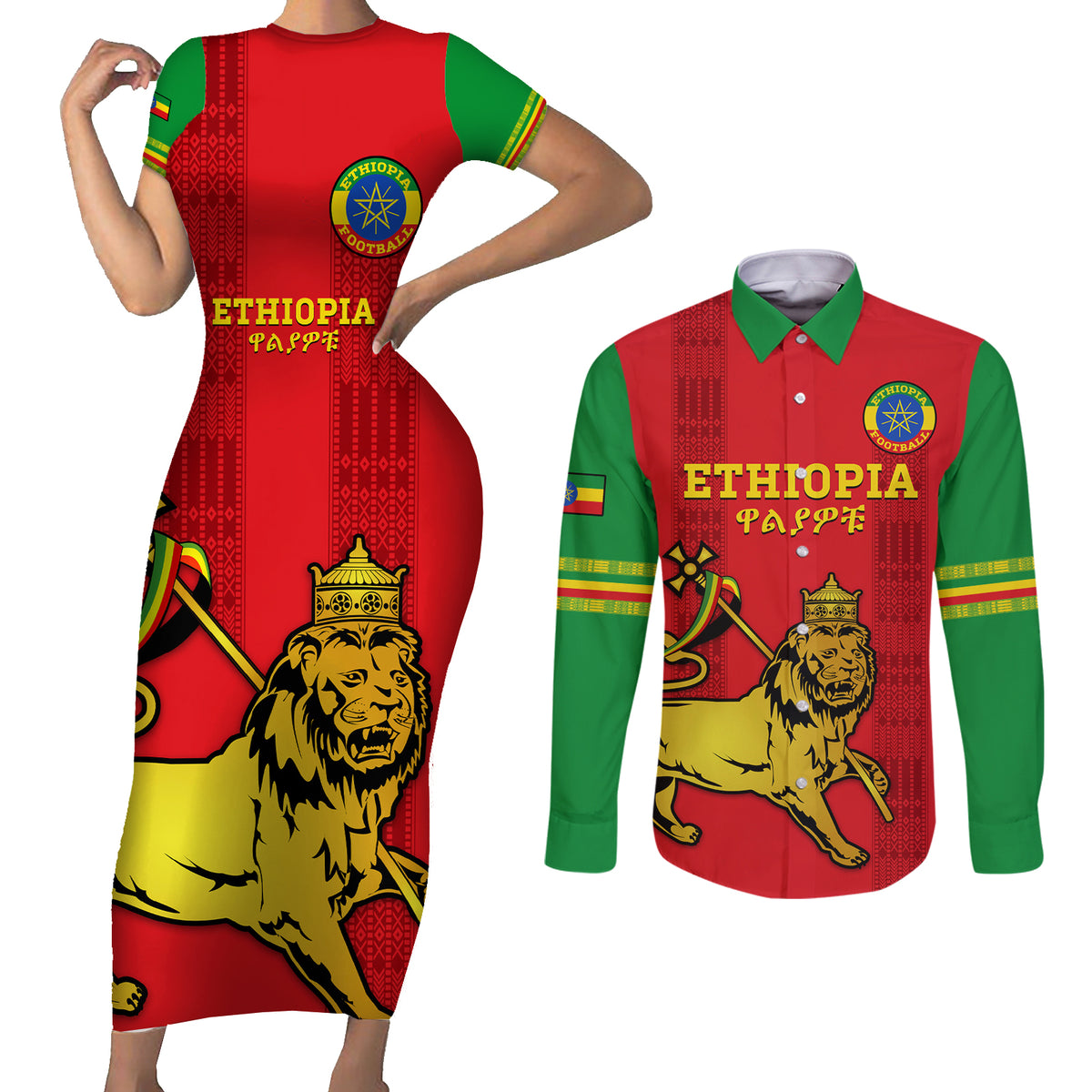 Custom Ethiopia Football Couples Matching Short Sleeve Bodycon Dress and Long Sleeve Button Shirt 2024 Go Champions Walia Ibex - Wonder Print Shop