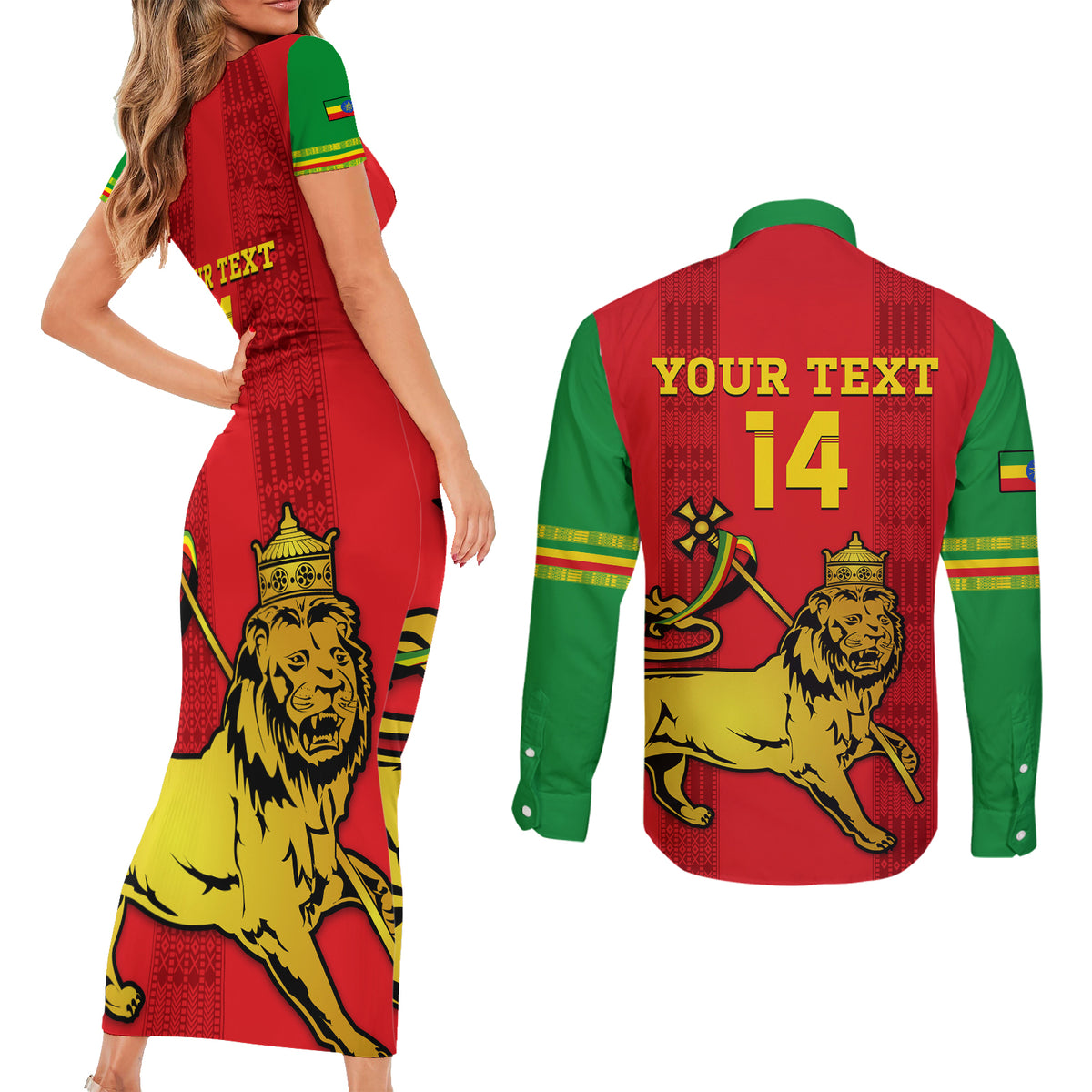 Custom Ethiopia Football Couples Matching Short Sleeve Bodycon Dress and Long Sleeve Button Shirt 2024 Go Champions Walia Ibex - Wonder Print Shop