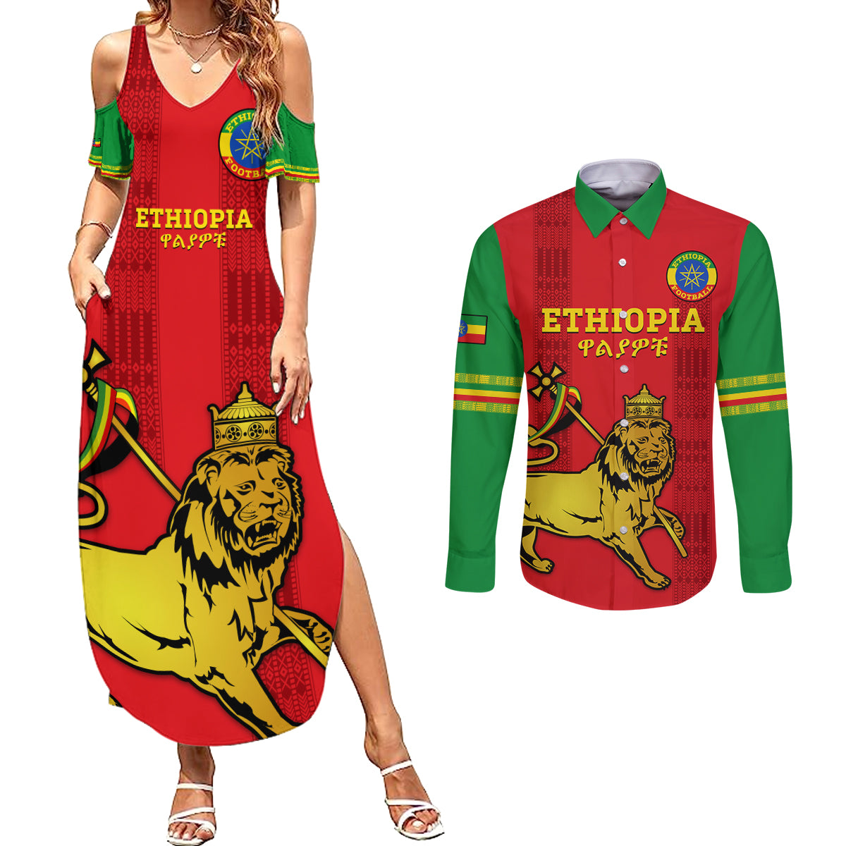 Custom Ethiopia Football Couples Matching Summer Maxi Dress and Long Sleeve Button Shirt 2024 Go Champions Walia Ibex - Wonder Print Shop