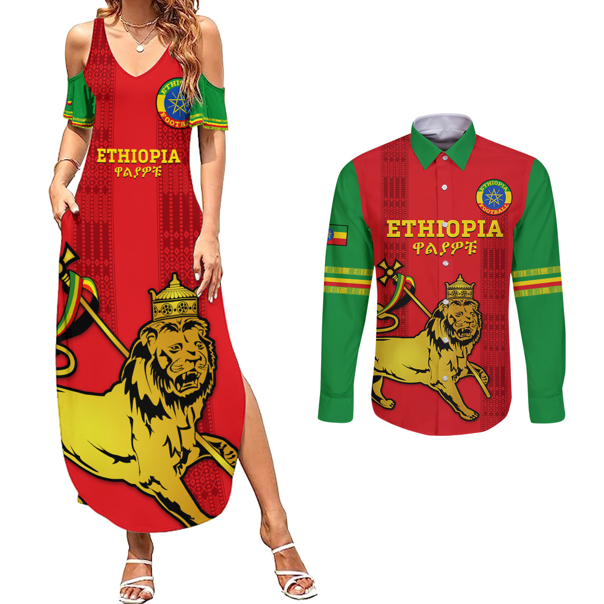 Custom Ethiopia Football Couples Matching Summer Maxi Dress and Long Sleeve Button Shirt 2024 Go Champions Walia Ibex