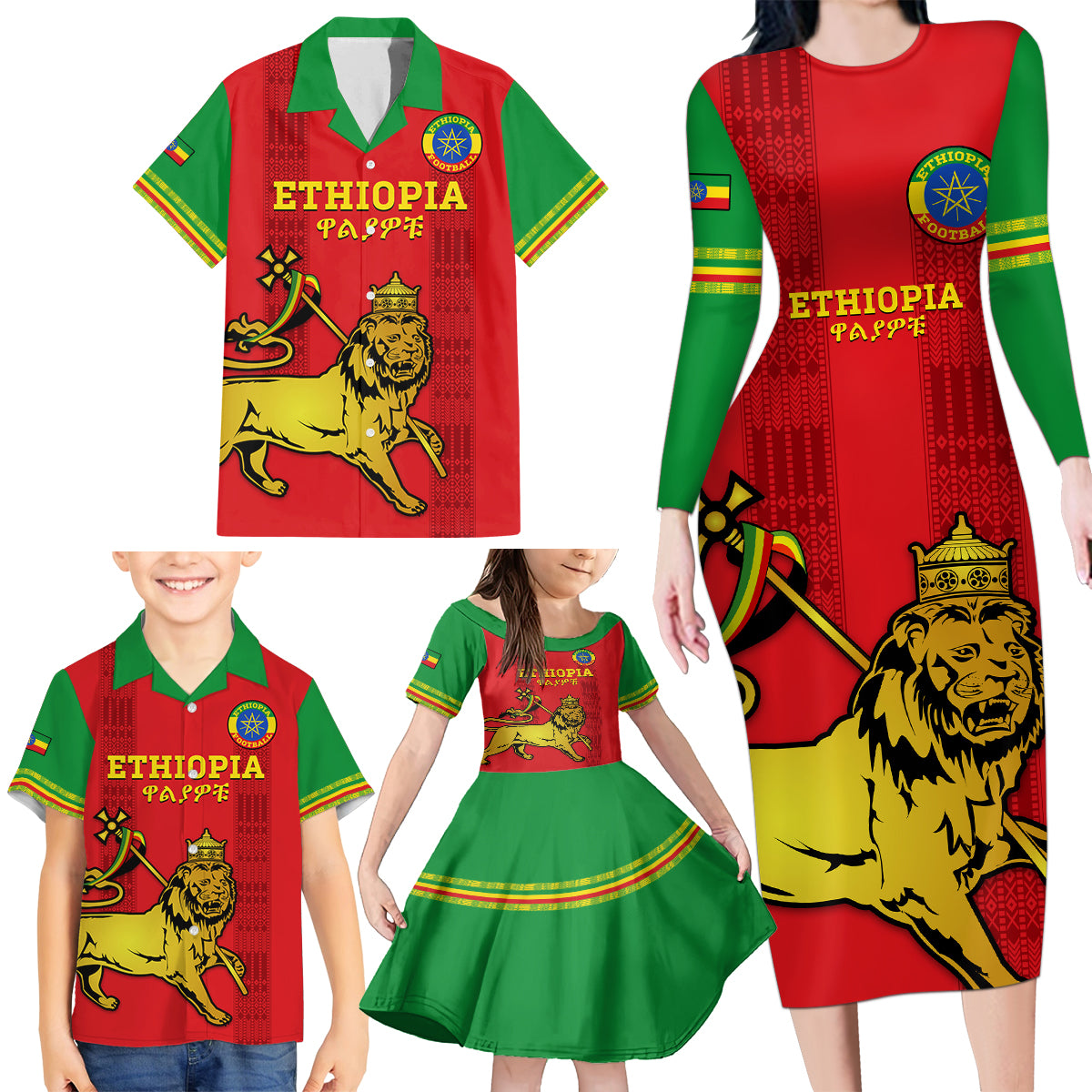 Custom Ethiopia Football Family Matching Long Sleeve Bodycon Dress and Hawaiian Shirt 2024 Go Champions Walia Ibex