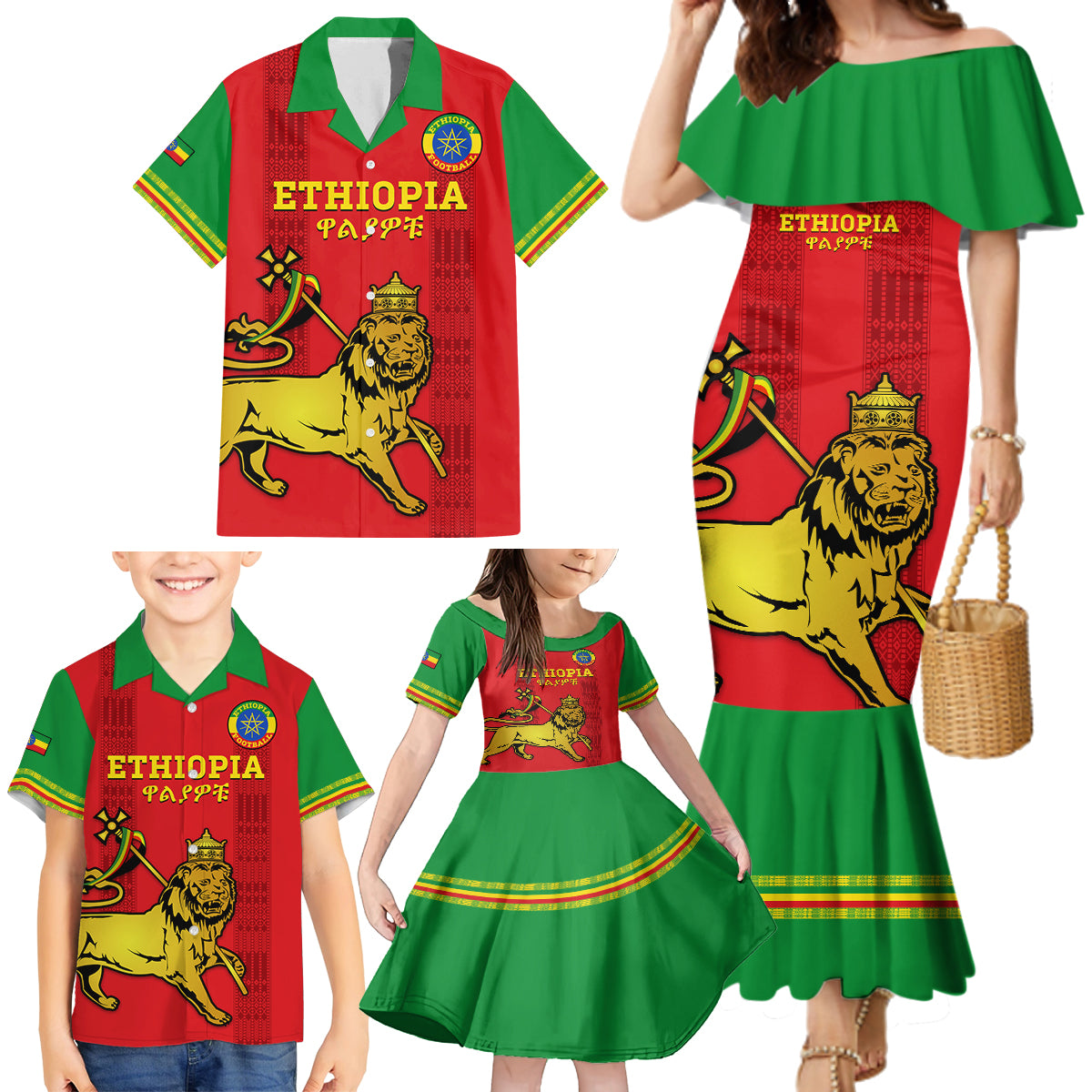 Custom Ethiopia Football Family Matching Mermaid Dress and Hawaiian Shirt 2024 Go Champions Walia Ibex