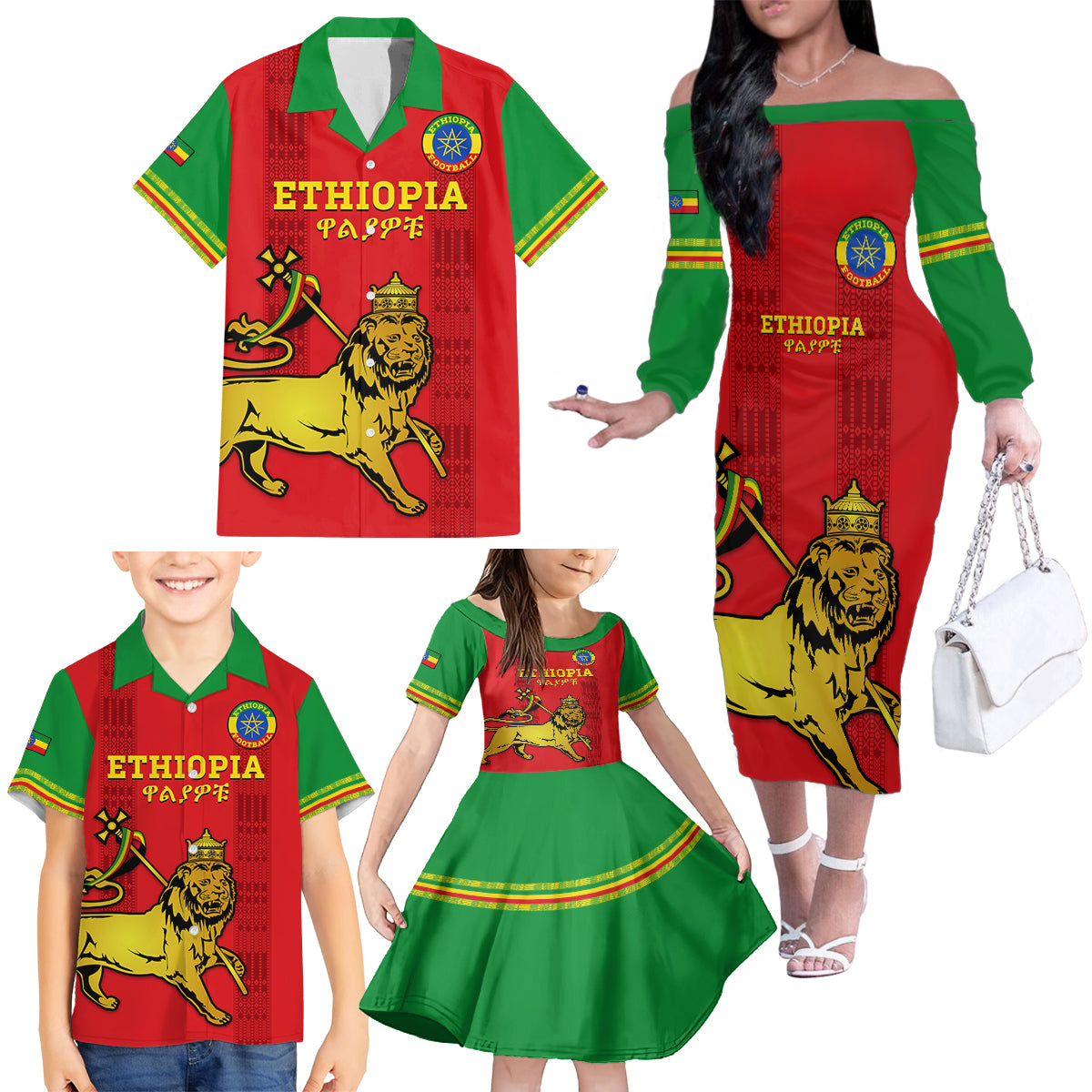 Custom Ethiopia Football Family Matching Off Shoulder Long Sleeve Dress and Hawaiian Shirt 2024 Go Champions Walia Ibex