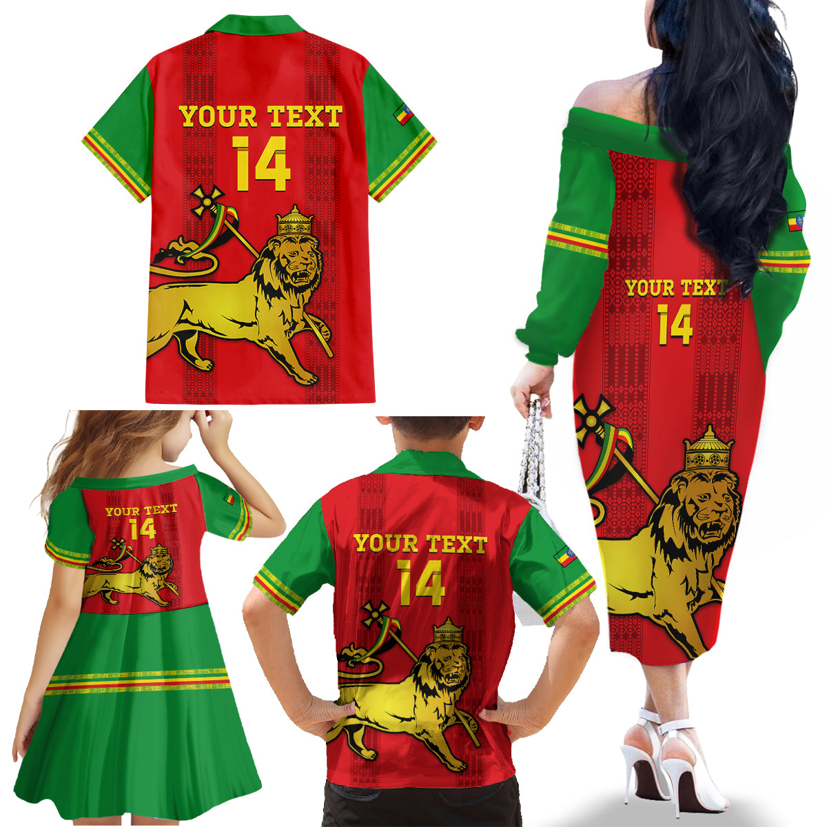 Custom Ethiopia Football Family Matching Off Shoulder Long Sleeve Dress and Hawaiian Shirt 2024 Go Champions Walia Ibex - Wonder Print Shop