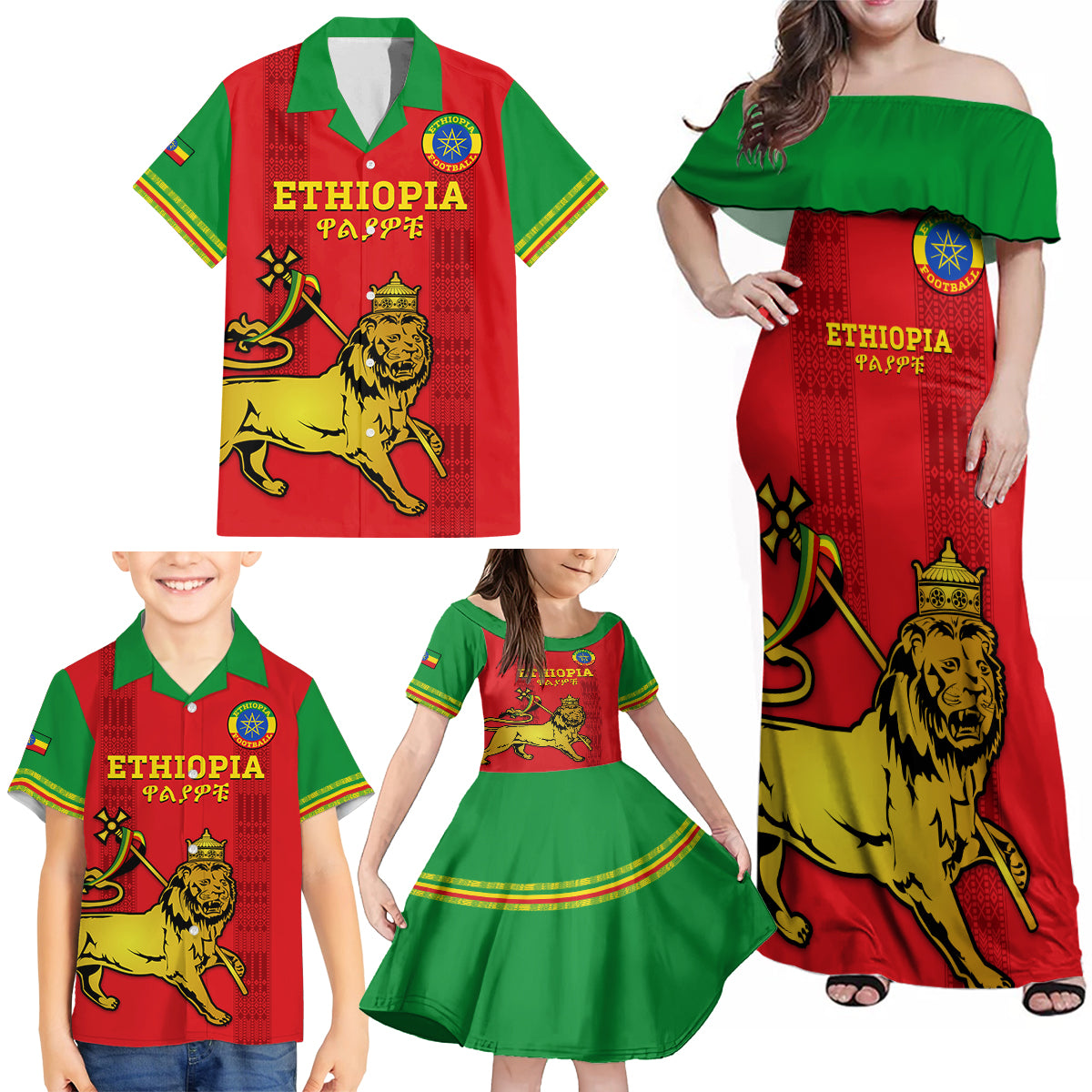 Custom Ethiopia Football Family Matching Off Shoulder Maxi Dress and Hawaiian Shirt 2024 Go Champions Walia Ibex