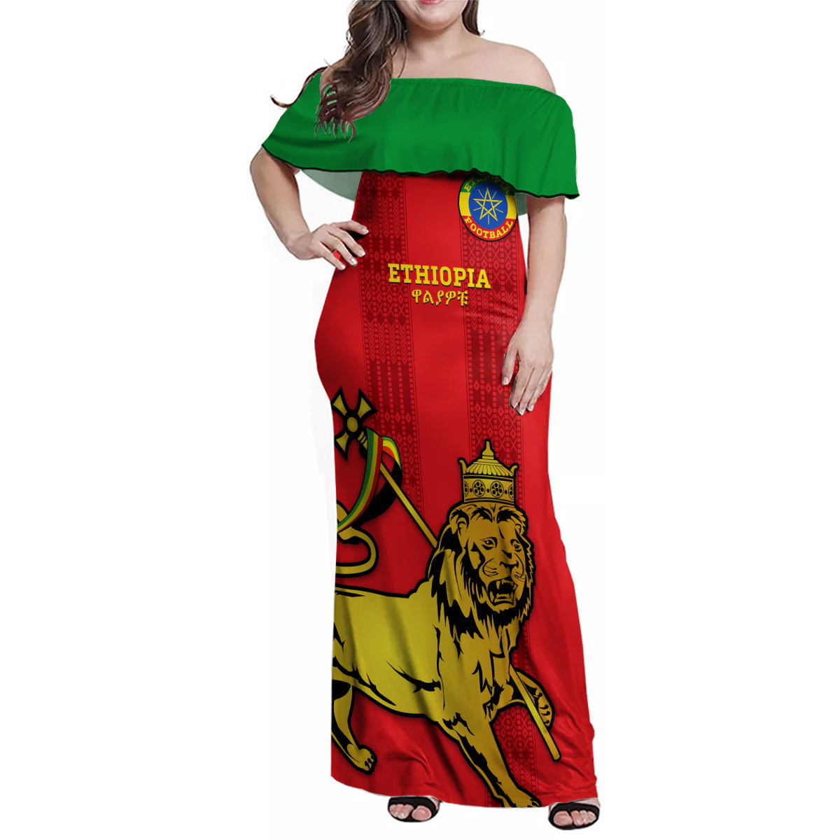 Custom Ethiopia Football Family Matching Off Shoulder Maxi Dress and Hawaiian Shirt 2024 Go Champions Walia Ibex - Wonder Print Shop