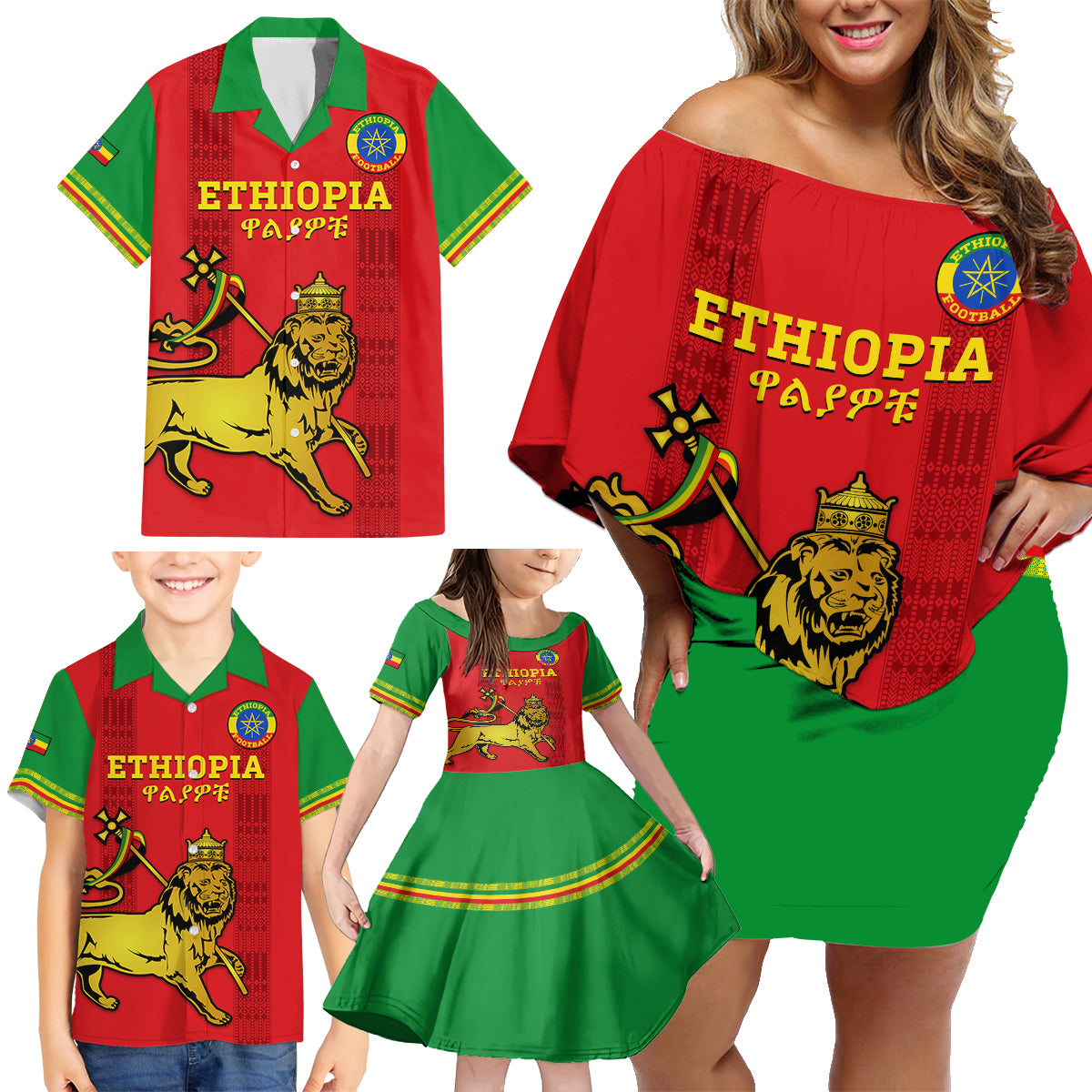 Custom Ethiopia Football Family Matching Off Shoulder Short Dress and Hawaiian Shirt 2024 Go Champions Walia Ibex