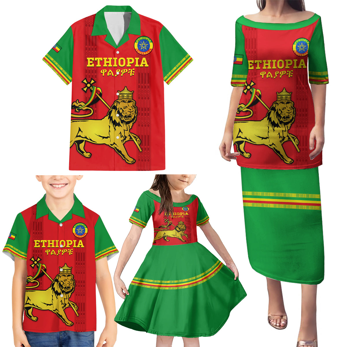 Custom Ethiopia Football Family Matching Puletasi and Hawaiian Shirt 2024 Go Champions Walia Ibex