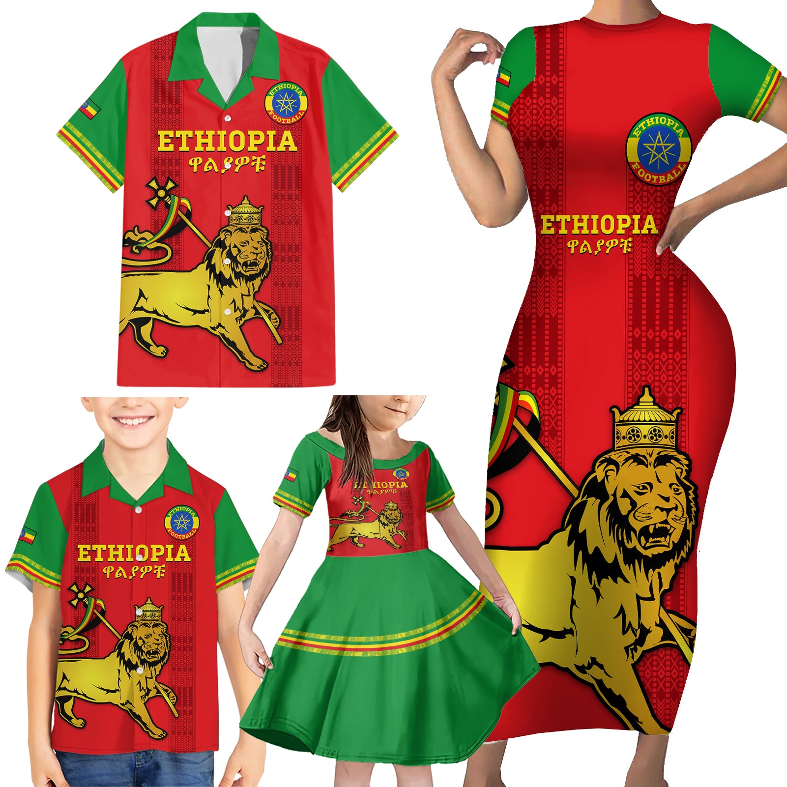 Custom Ethiopia Football Family Matching Short Sleeve Bodycon Dress and Hawaiian Shirt 2024 Go Champions Walia Ibex