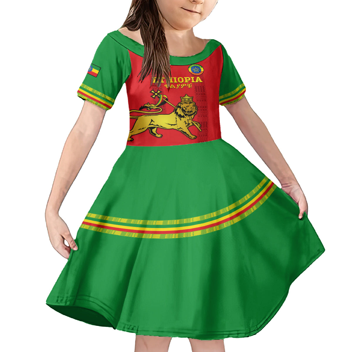 Custom Ethiopia Football Kid Short Sleeve Dress 2024 Go Champions Walia Ibex - Wonder Print Shop