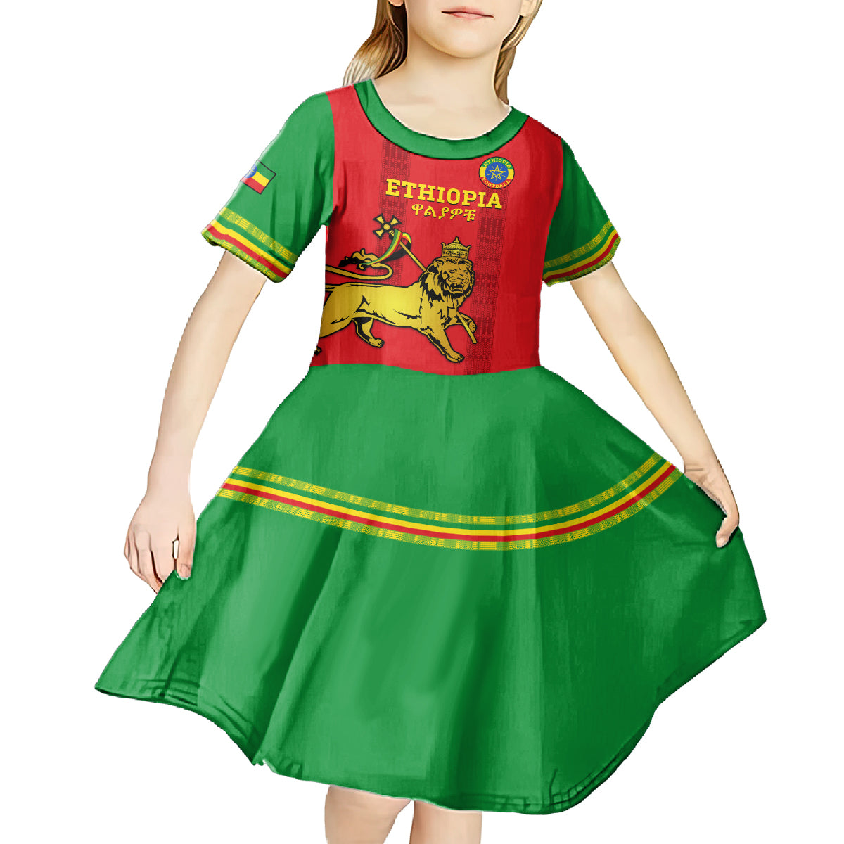 Custom Ethiopia Football Kid Short Sleeve Dress 2024 Go Champions Walia Ibex - Wonder Print Shop