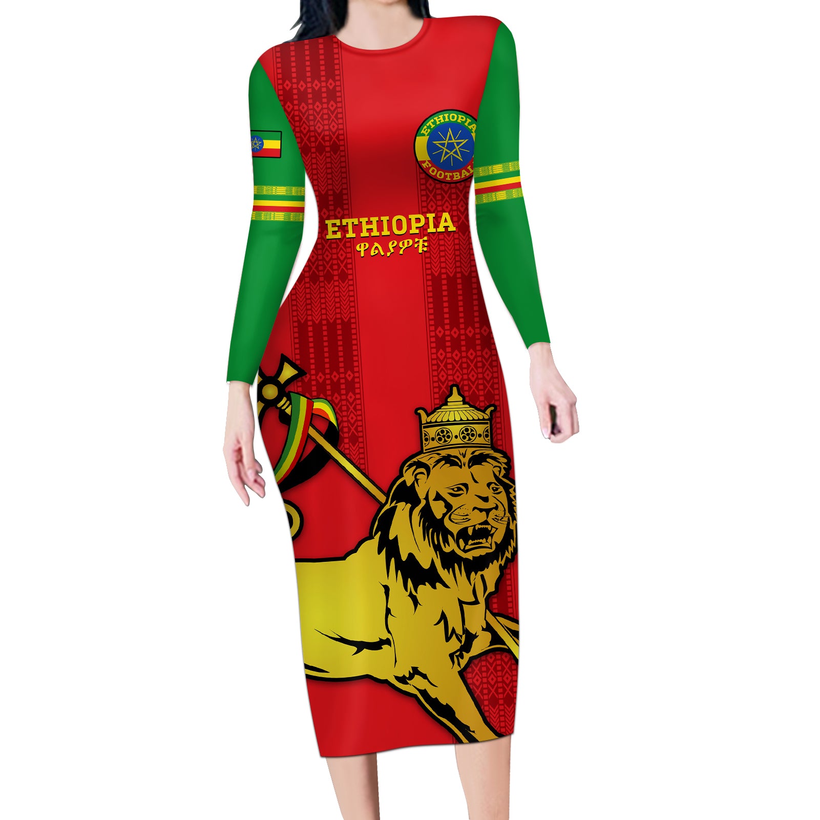 Custom Ethiopia Football Long Sleeve Bodycon Dress 2024 Go Champions Walia Ibex - Wonder Print Shop