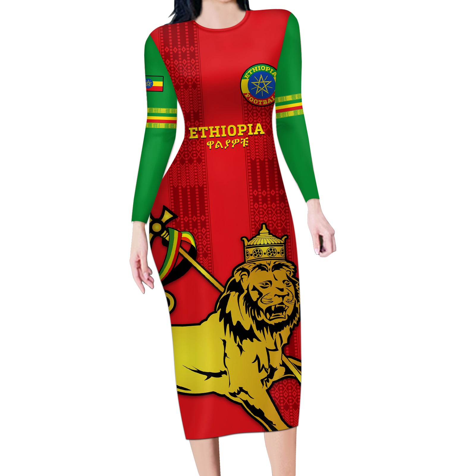 Custom Ethiopia Football Long Sleeve Bodycon Dress 2024 Go Champions Walia Ibex