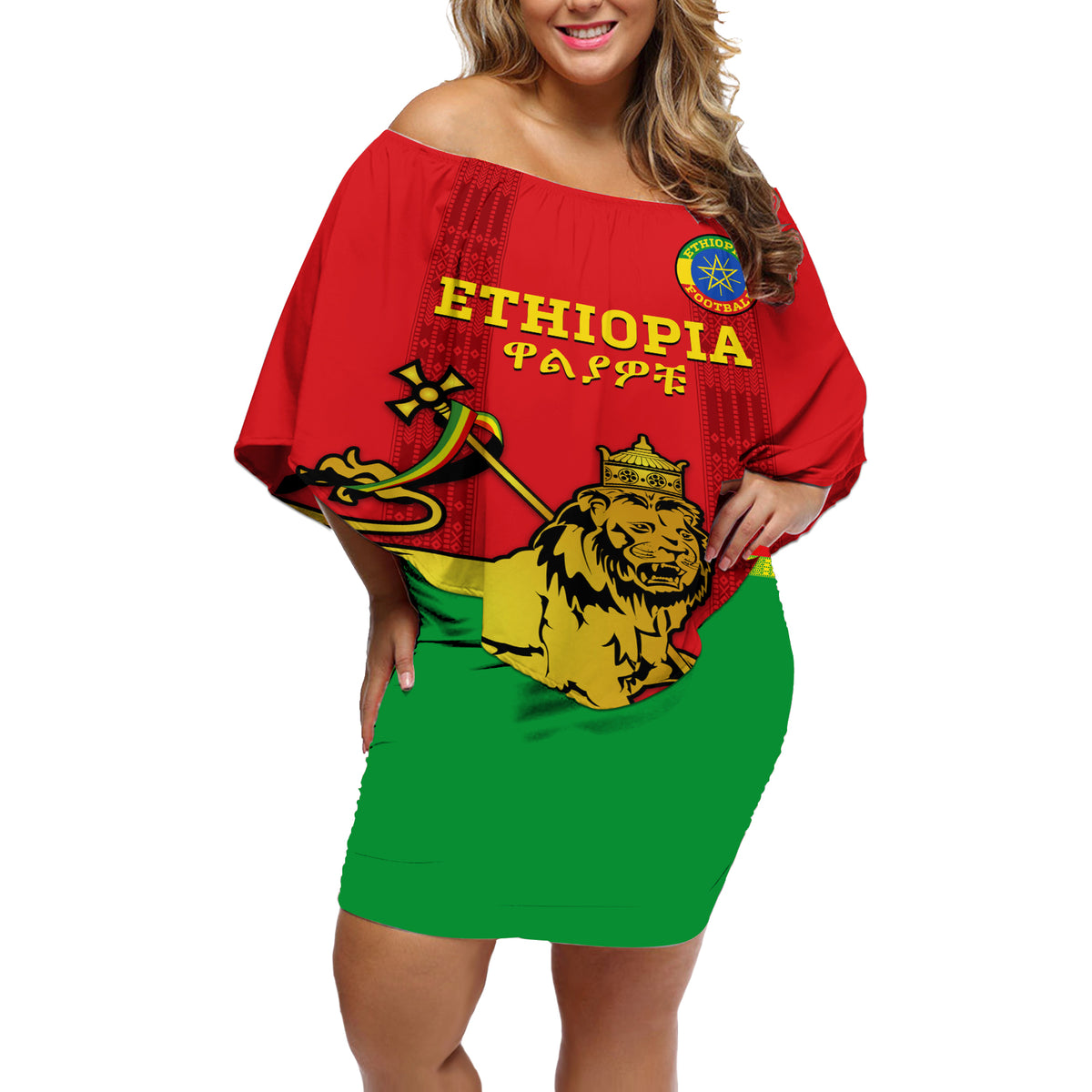 Custom Ethiopia Football Off Shoulder Short Dress 2024 Go Champions Walia Ibex - Wonder Print Shop