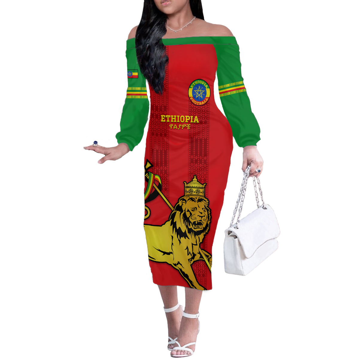 Custom Ethiopia Football Off The Shoulder Long Sleeve Dress 2024 Go Champions Walia Ibex - Wonder Print Shop