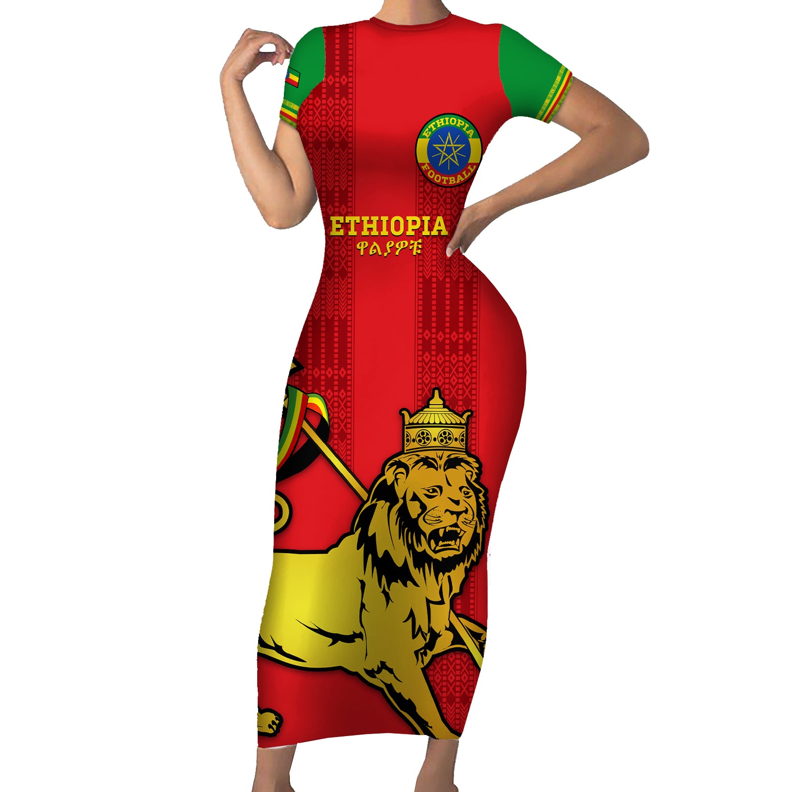 Custom Ethiopia Football Short Sleeve Bodycon Dress 2024 Go Champions Walia Ibex
