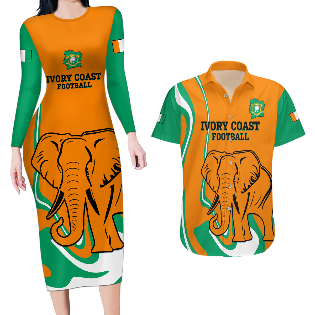 Custom Ivory Coast Football Couples Matching Long Sleeve Bodycon Dress and Hawaiian Shirt 2024 Go Champions Les Elephants - Wonder Print Shop