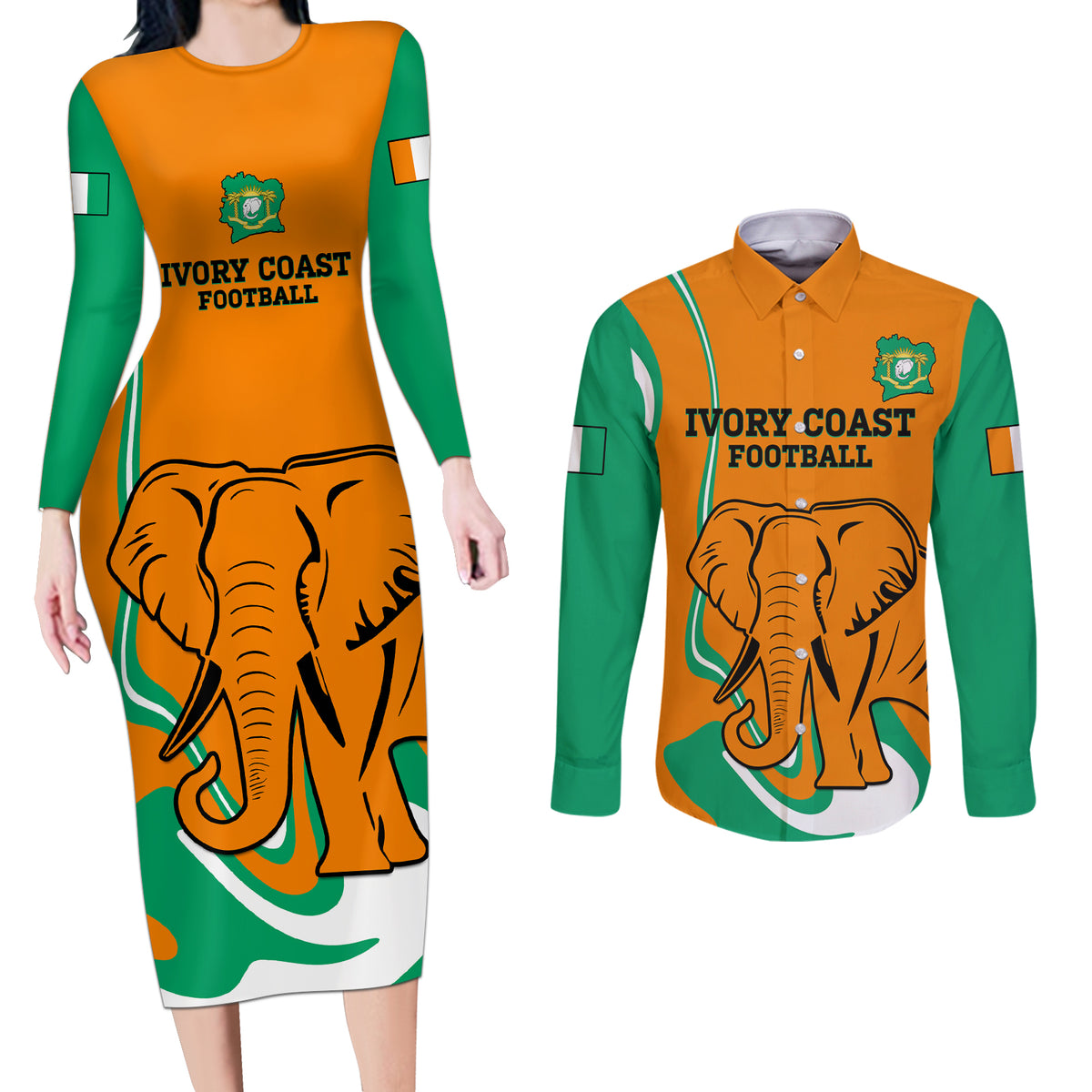Custom Ivory Coast Football Couples Matching Long Sleeve Bodycon Dress and Long Sleeve Button Shirt 2024 Go Champions Les Elephants - Wonder Print Shop