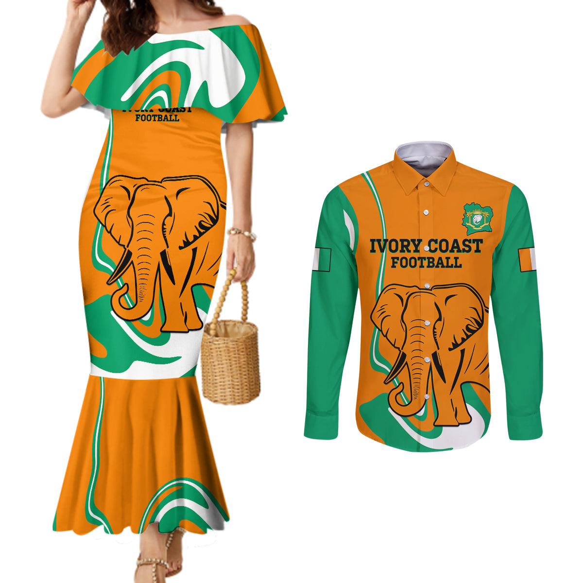 Custom Ivory Coast Football Couples Matching Mermaid Dress and Long Sleeve Button Shirt 2024 Go Champions Les Elephants