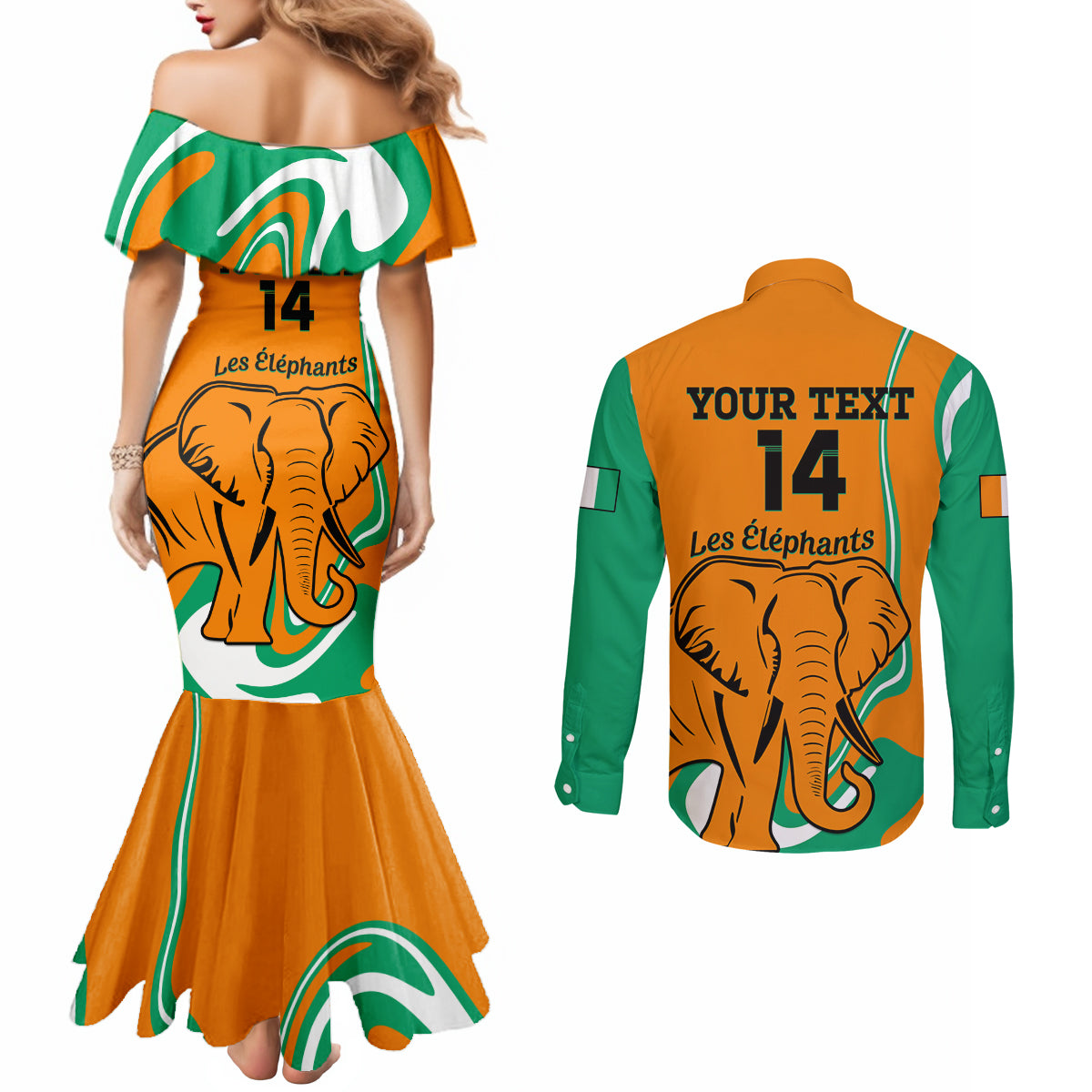 Custom Ivory Coast Football Couples Matching Mermaid Dress and Long Sleeve Button Shirt 2024 Go Champions Les Elephants
