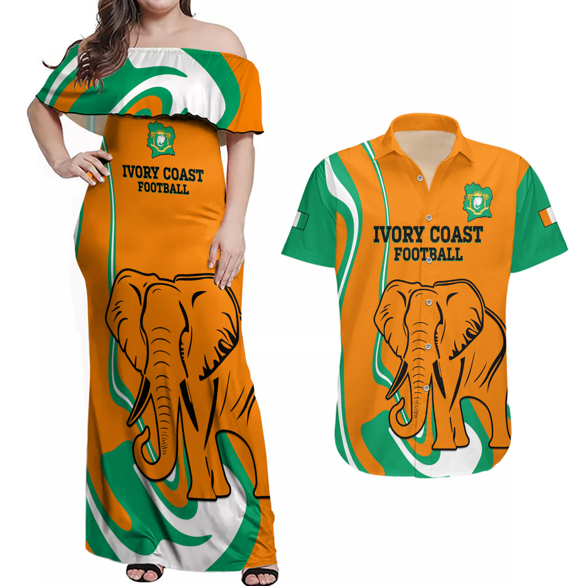 Custom Ivory Coast Football Couples Matching Off Shoulder Maxi Dress and Hawaiian Shirt 2024 Go Champions Les Elephants - Wonder Print Shop