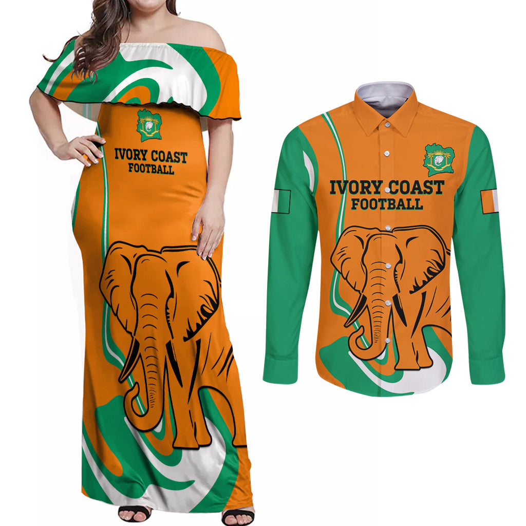 Custom Ivory Coast Football Couples Matching Off Shoulder Maxi Dress and Long Sleeve Button Shirt 2024 Go Champions Les Elephants - Wonder Print Shop