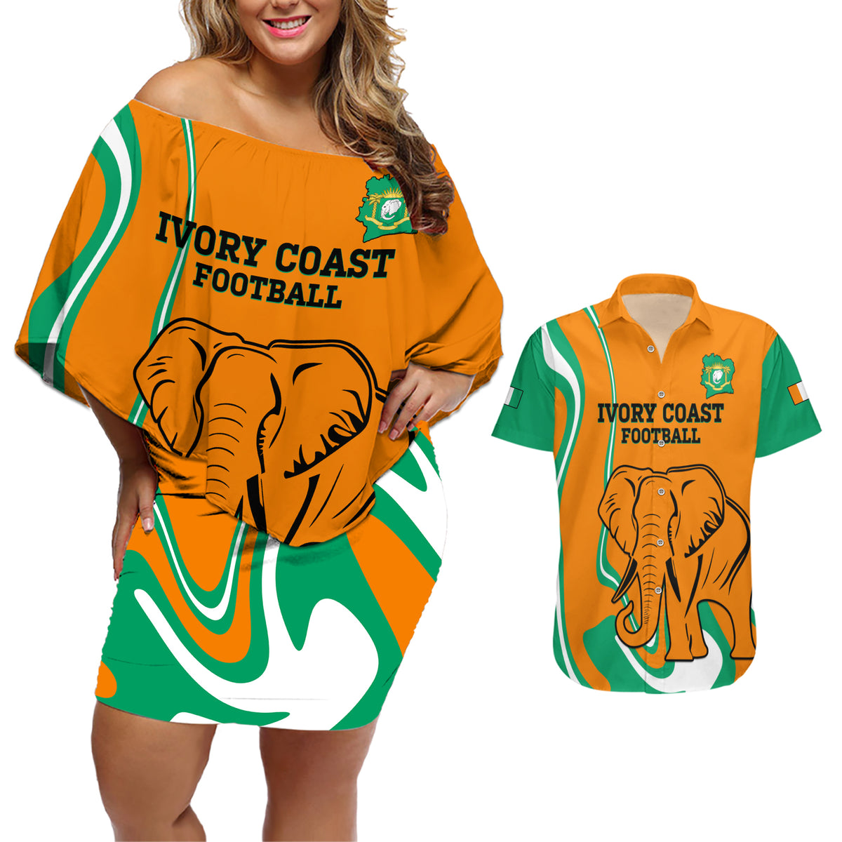 Custom Ivory Coast Football Couples Matching Off Shoulder Short Dress and Hawaiian Shirt 2024 Go Champions Les Elephants - Wonder Print Shop