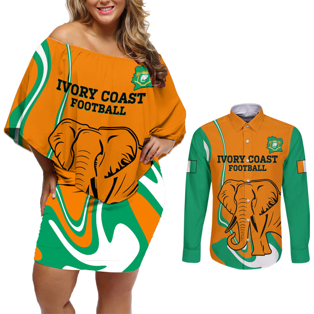 Custom Ivory Coast Football Couples Matching Off Shoulder Short Dress and Long Sleeve Button Shirt 2024 Go Champions Les Elephants - Wonder Print Shop